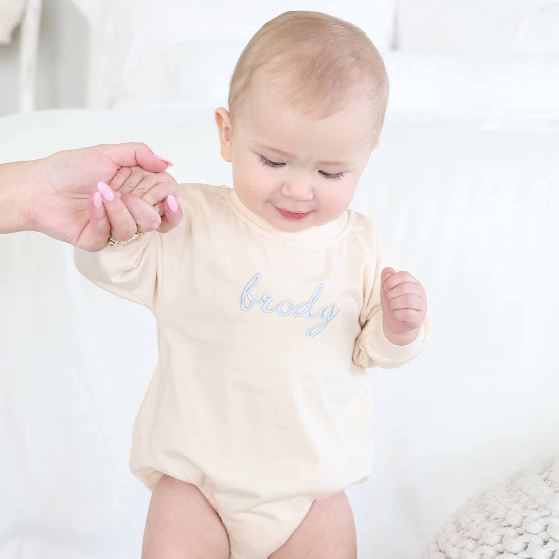 Embroidered Script Name Long Sleeve Bubble Romper | Natural - Image 9