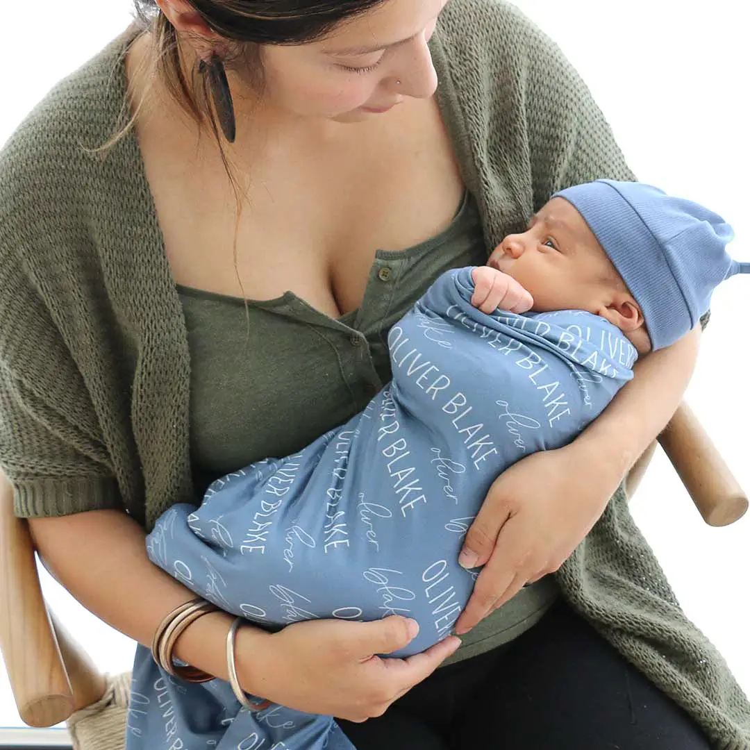 Personalized Steel Blue Baby Name Swaddle Blanket | Block Script - Image 5