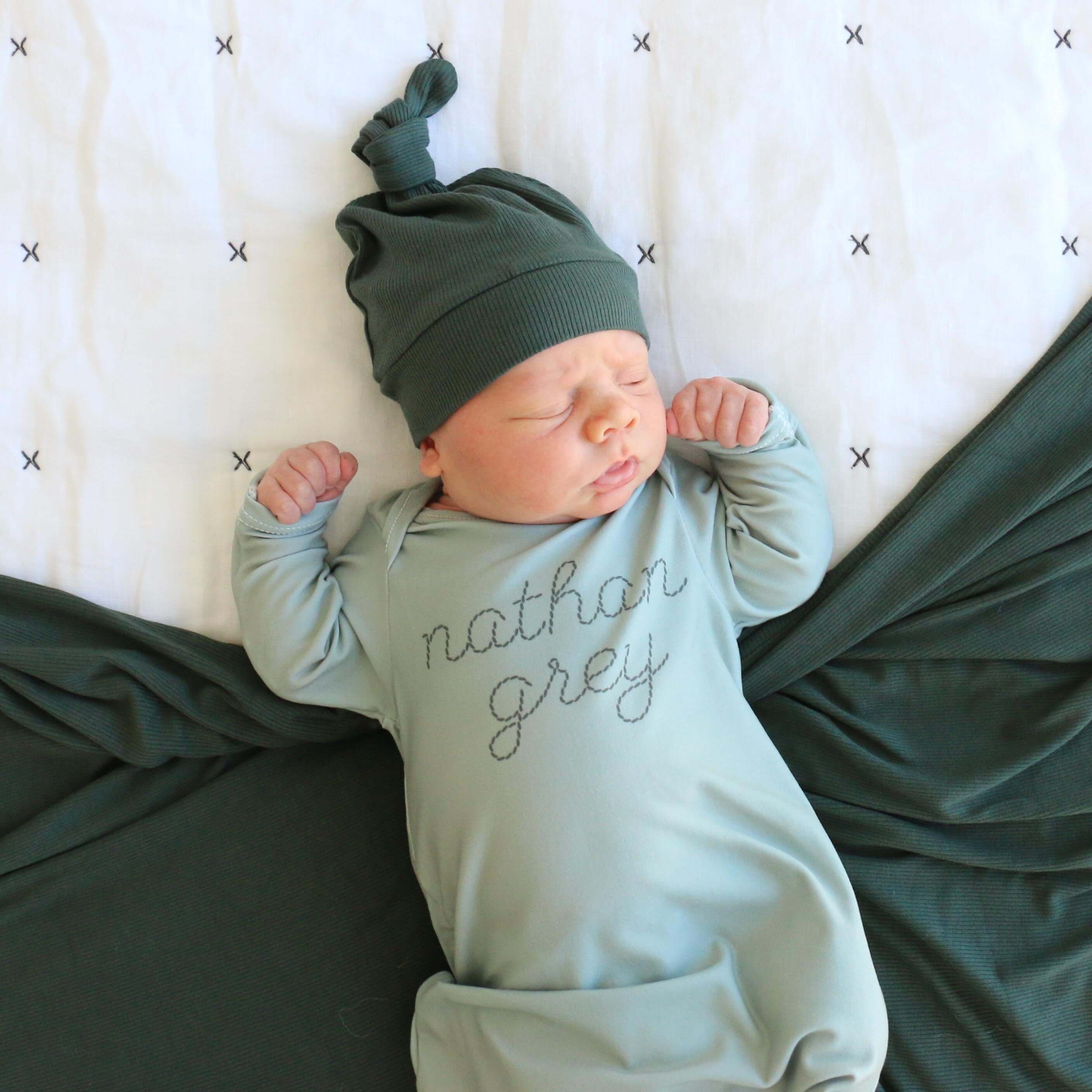Personalized Stitched Newborn Baby Knot Gown | Forest Greens - Image 2