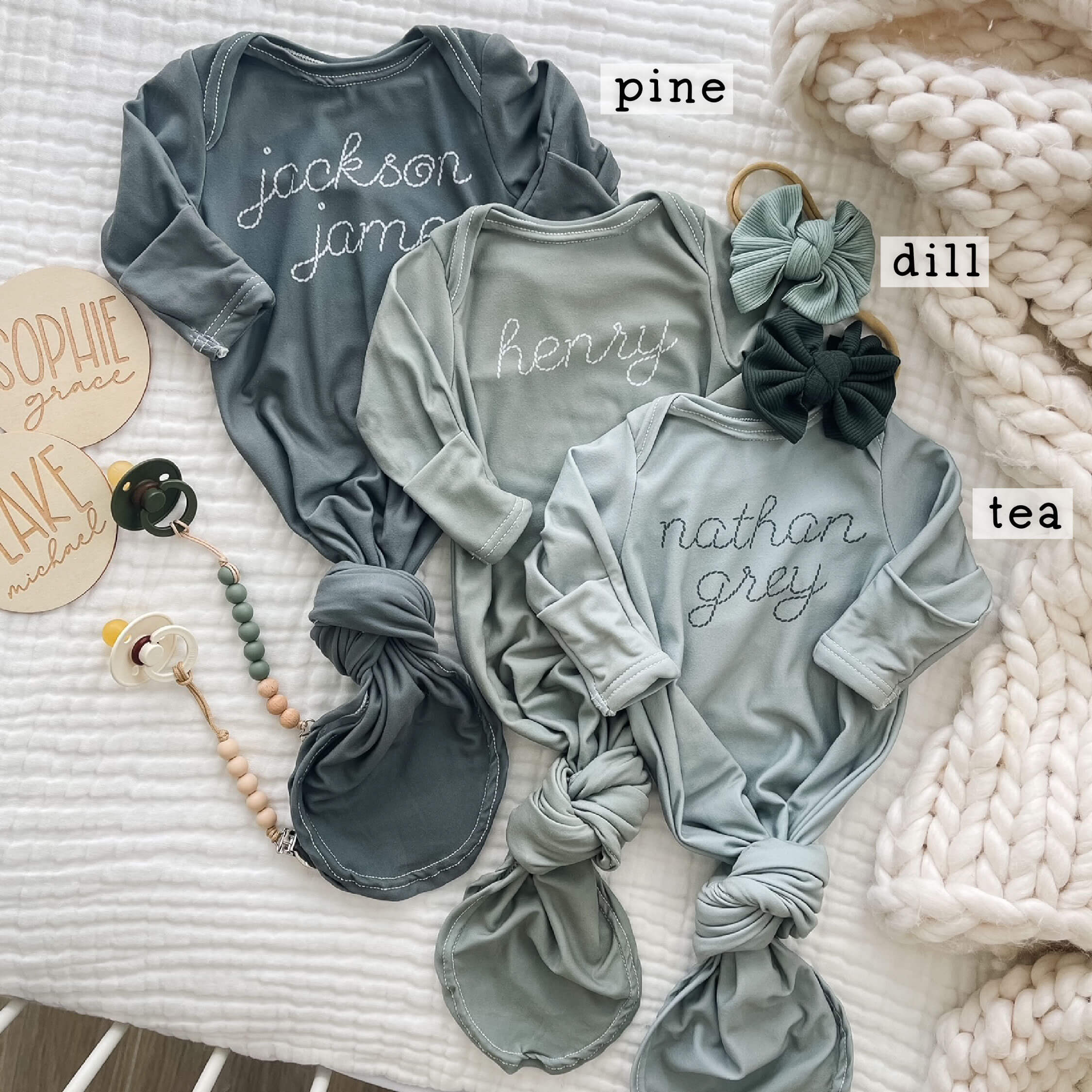 Personalized Stitched Newborn Baby Knot Gown | Forest Greens - Image 5