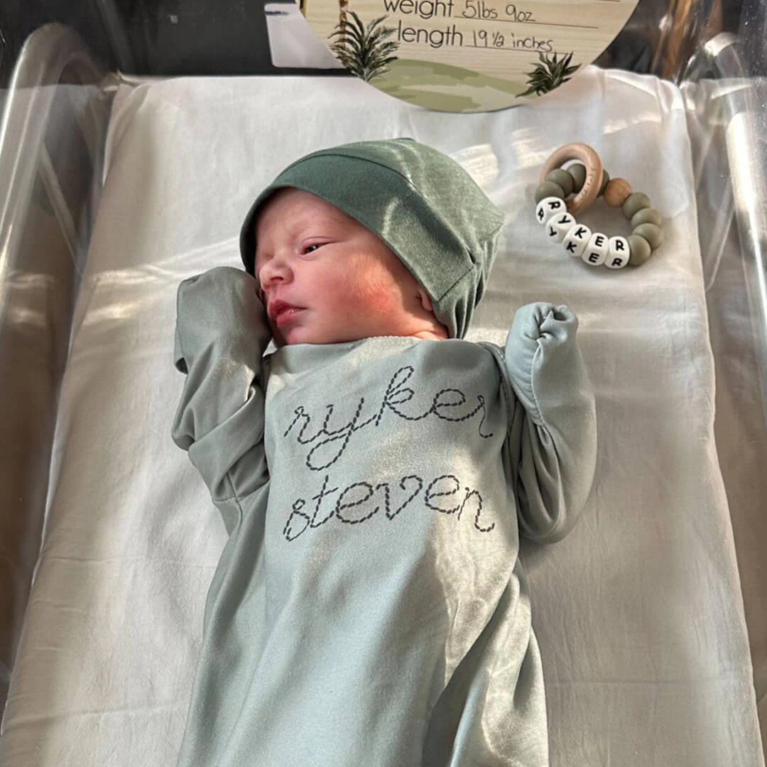 Personalized Stitched Newborn Baby Knot Gown | Forest Greens - Image 6