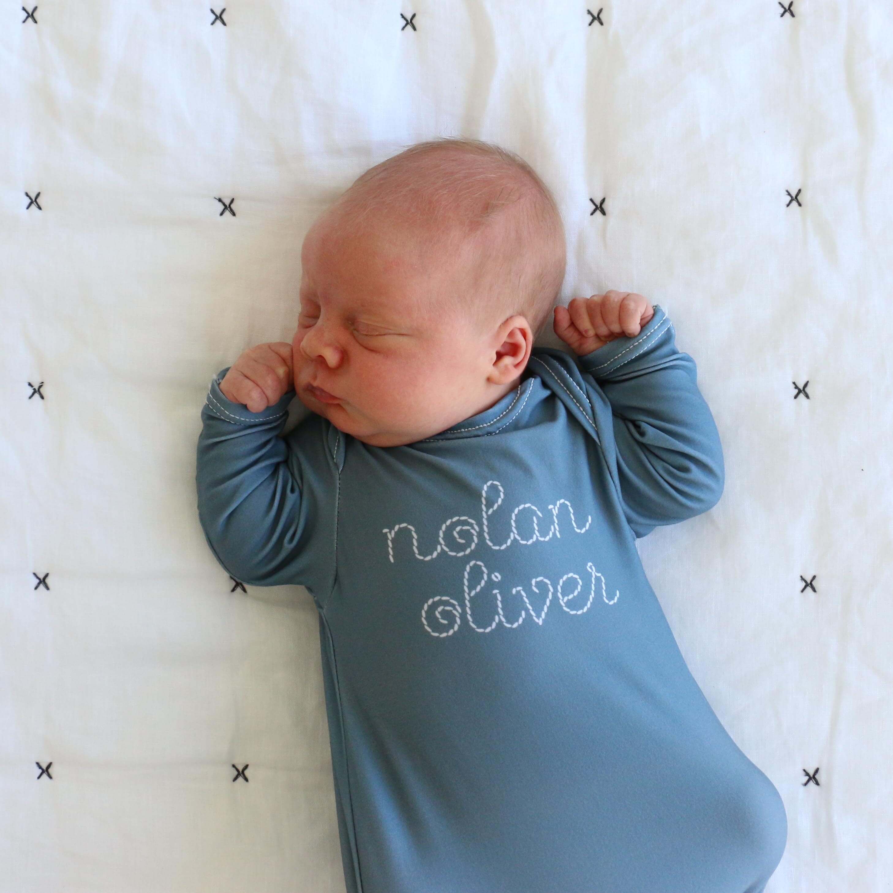 Personalized Stitched Newborn Baby Knot Gown | Ocean Blues - Image 2