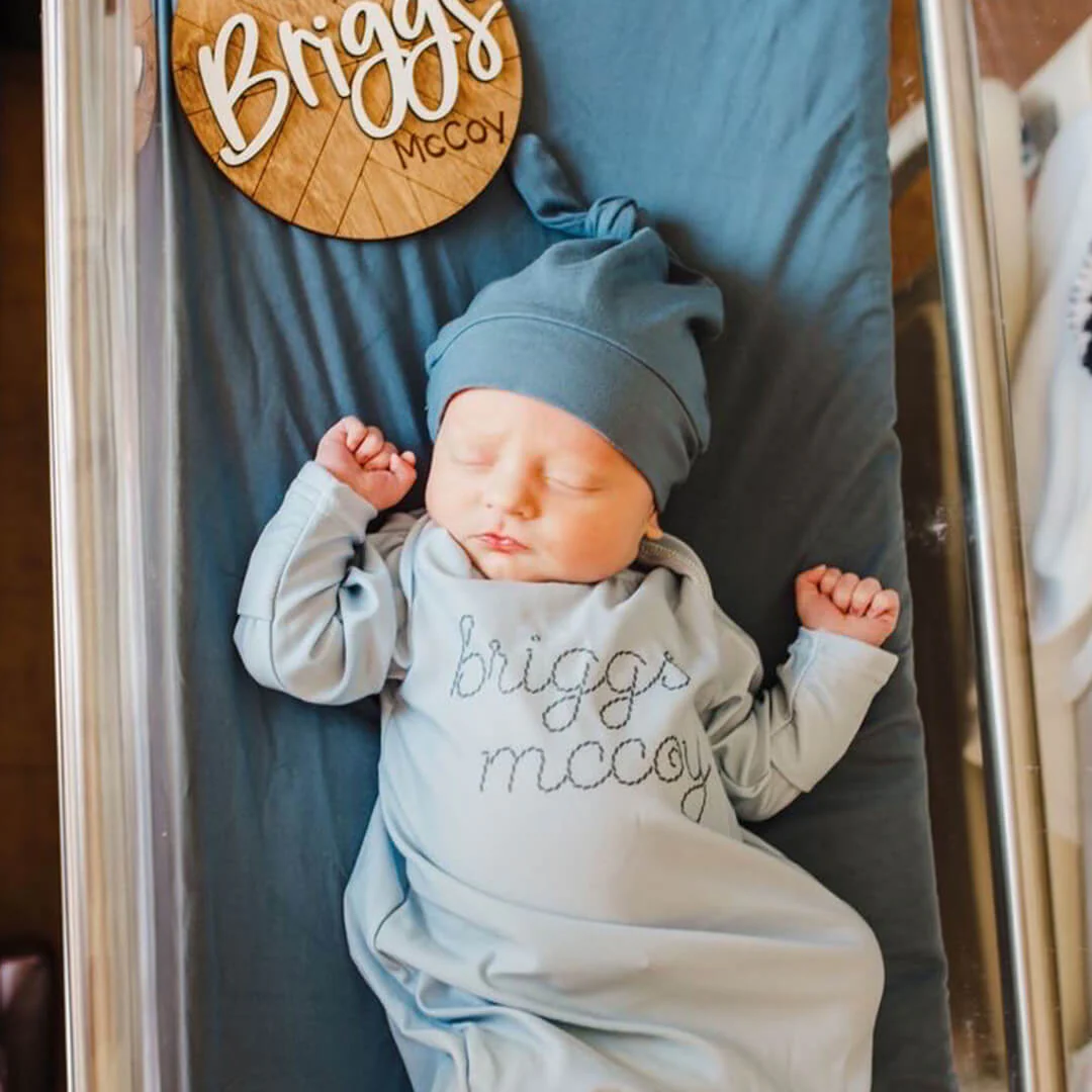Personalized Stitched Newborn Baby Knot Gown | Ocean Blues - Image 3