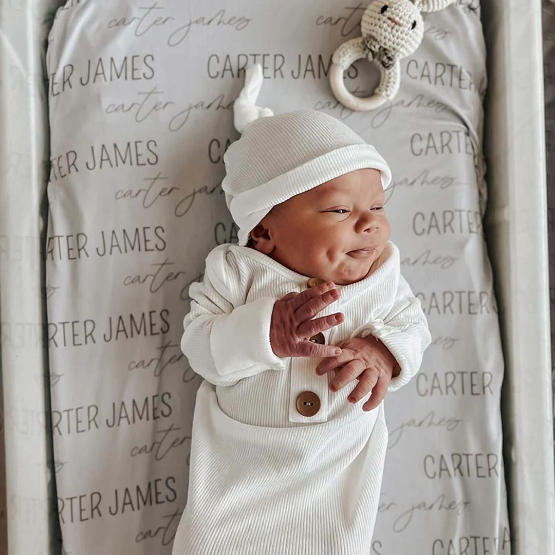 Personalized Taupe Baby Name Swaddle Blanket - Block & Script