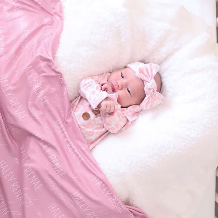 Personalized Tickle Me Pink Baby Name Swaddle Blanket - Block & Script - Image 3