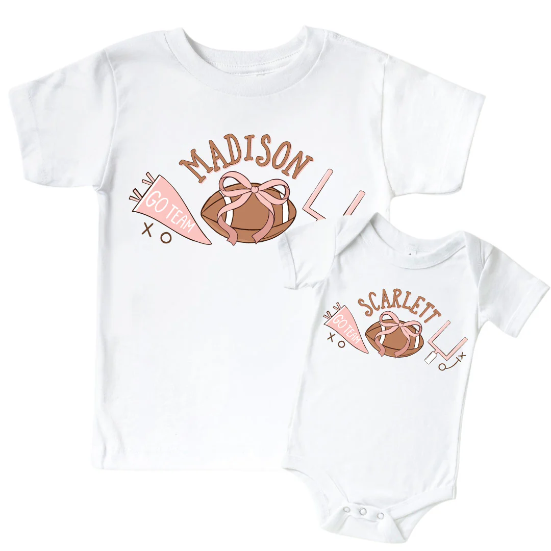 Personalized Tiny Touchdowns Pink Graphic Bodysuit & Kids Tee | White
