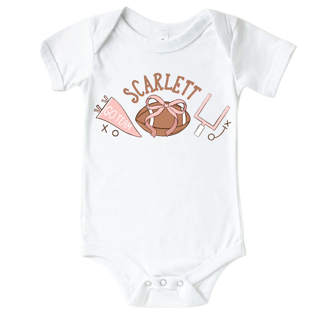 Personalized Tiny Touchdowns Pink Graphic Bodysuit & Kids Tee | White - Image 2