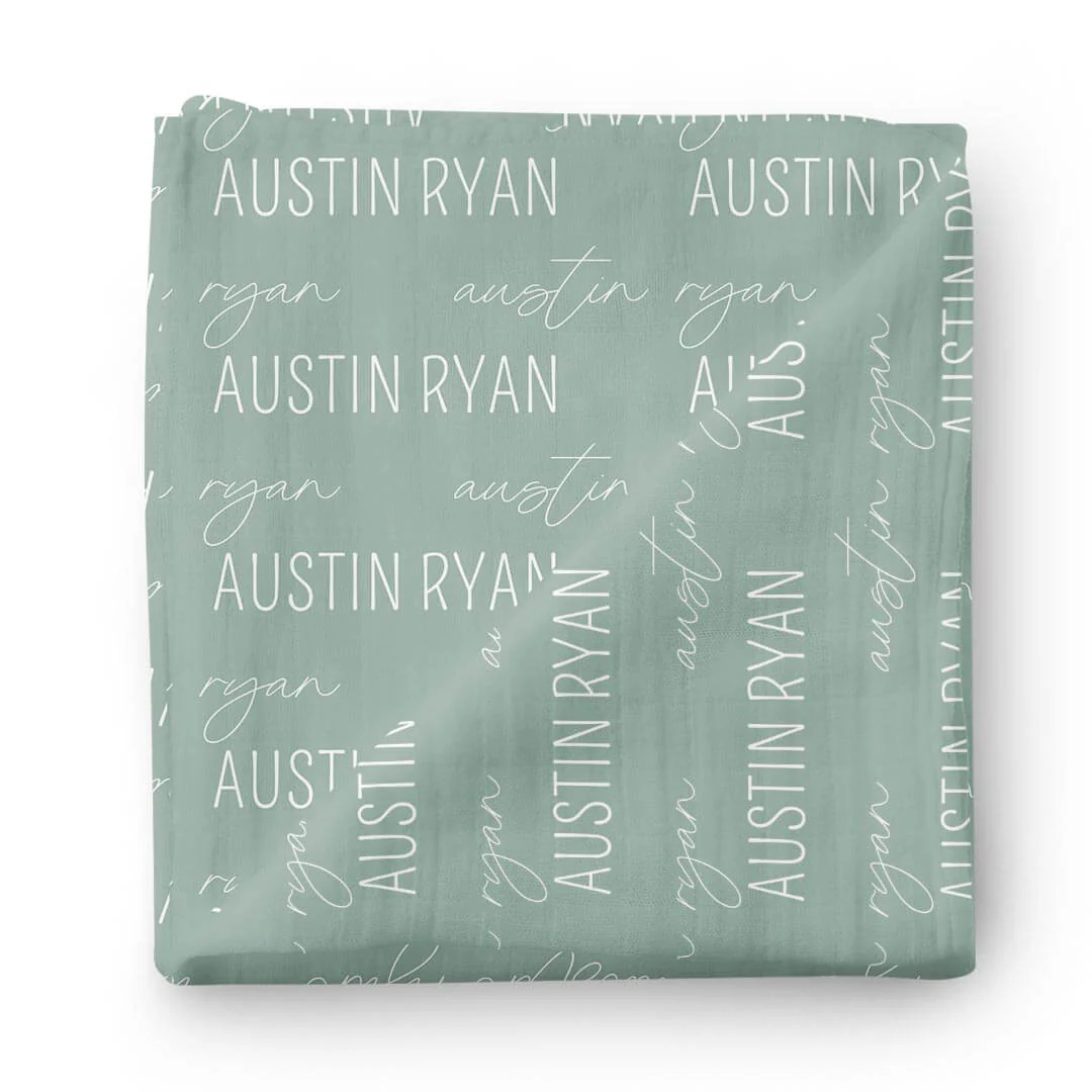 Personalized Vintage Green Baby Name Swaddle Blanket - Block & Script - Image 2