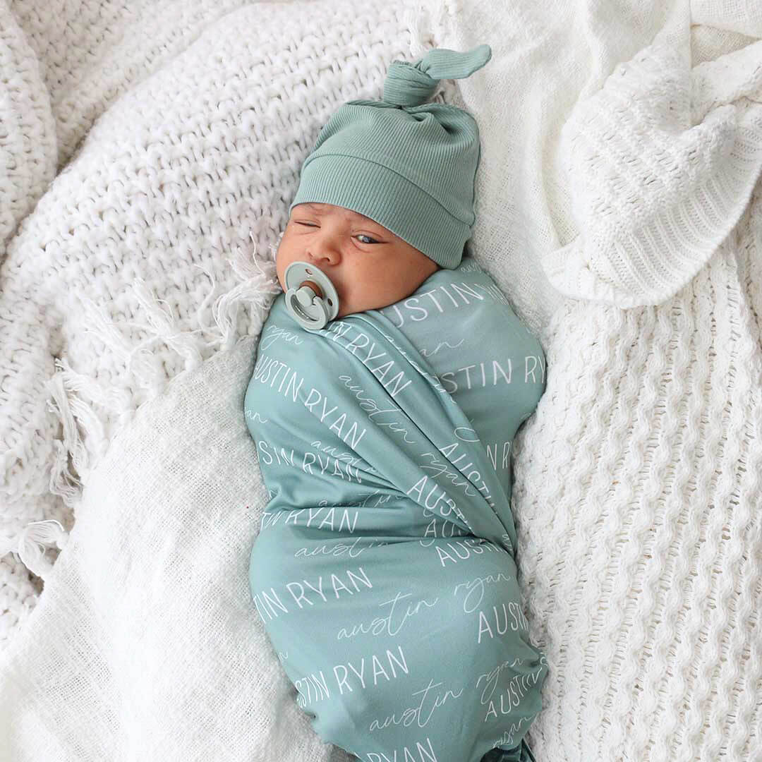 Personalized Vintage Green Baby Name Swaddle Blanket - Block & Script - Image 3