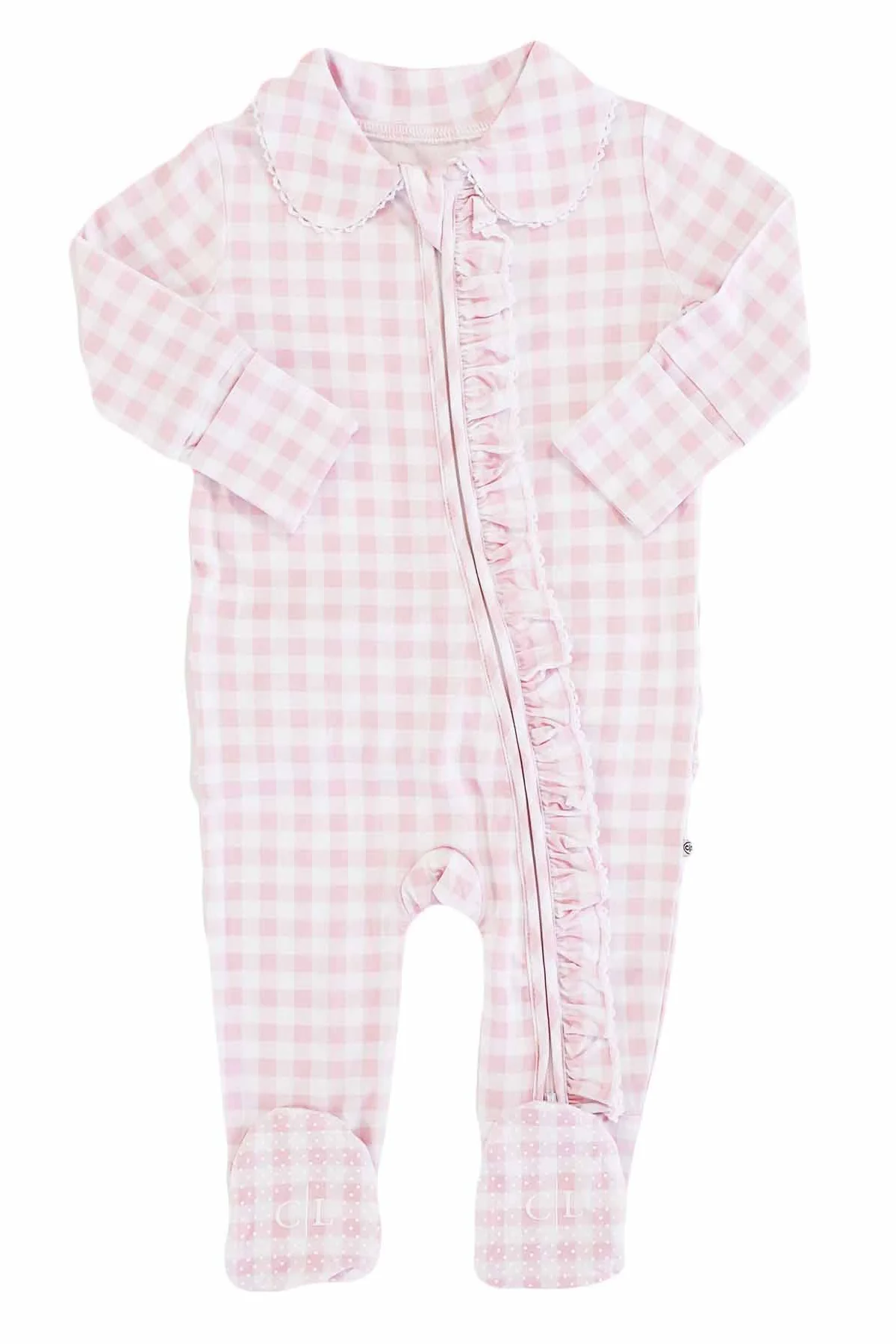 Peter Pan Collar Ruffle Zipper Footie | Rosy Gingham - Image 8