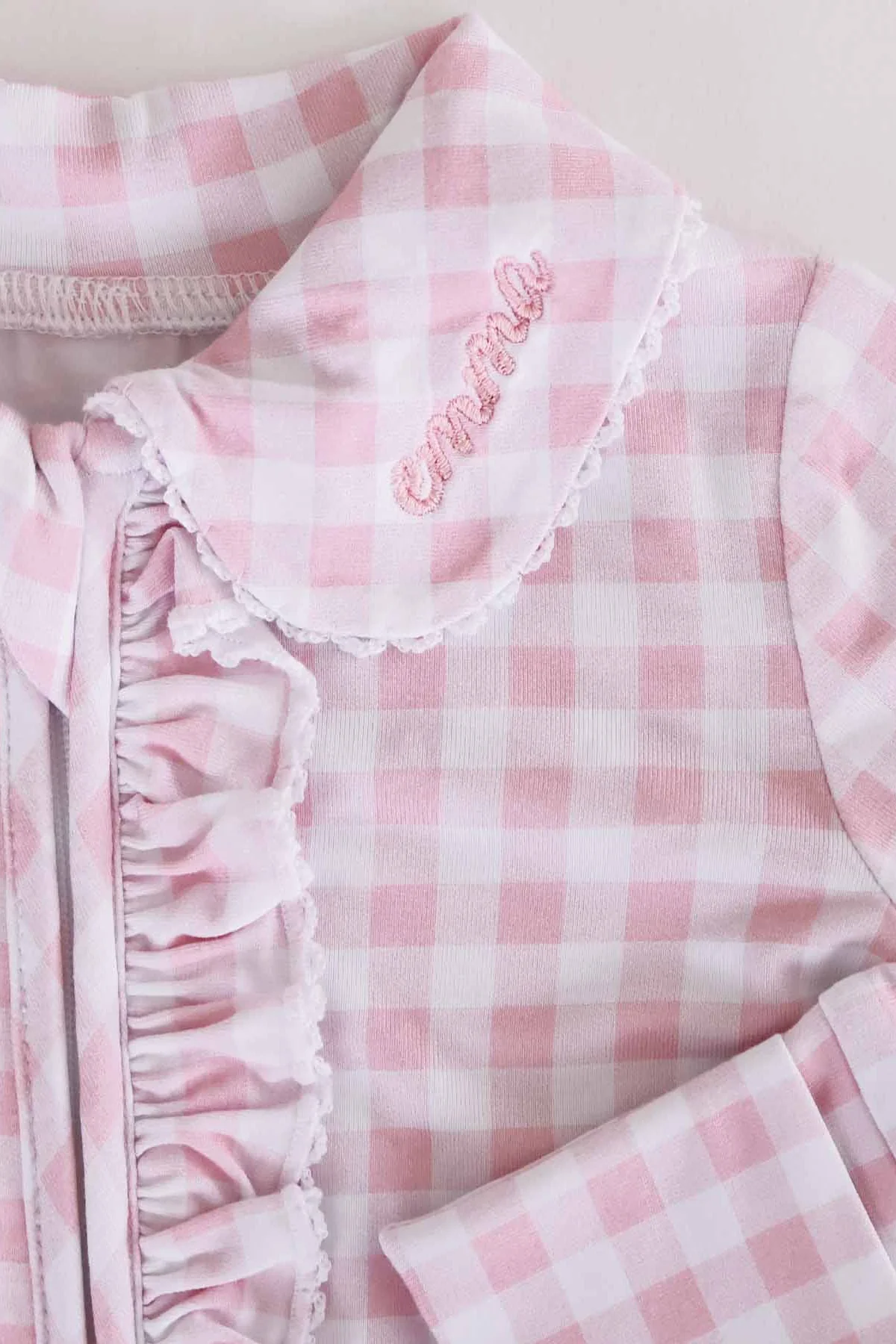 Peter Pan Collar Ruffle Zipper Footie | Rosy Gingham - Image 2