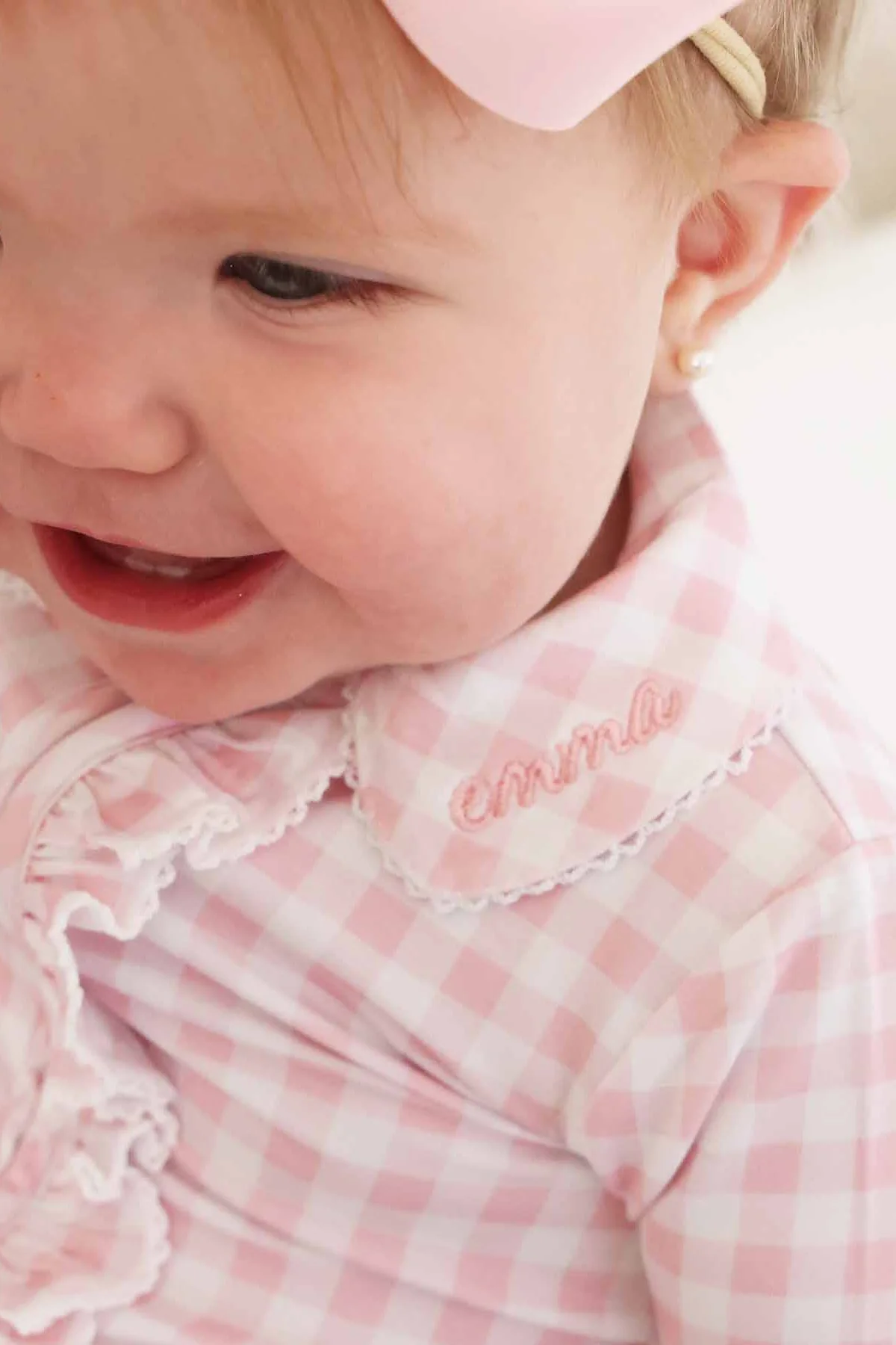 Peter Pan Collar Ruffle Zipper Footie | Rosy Gingham - Image 6