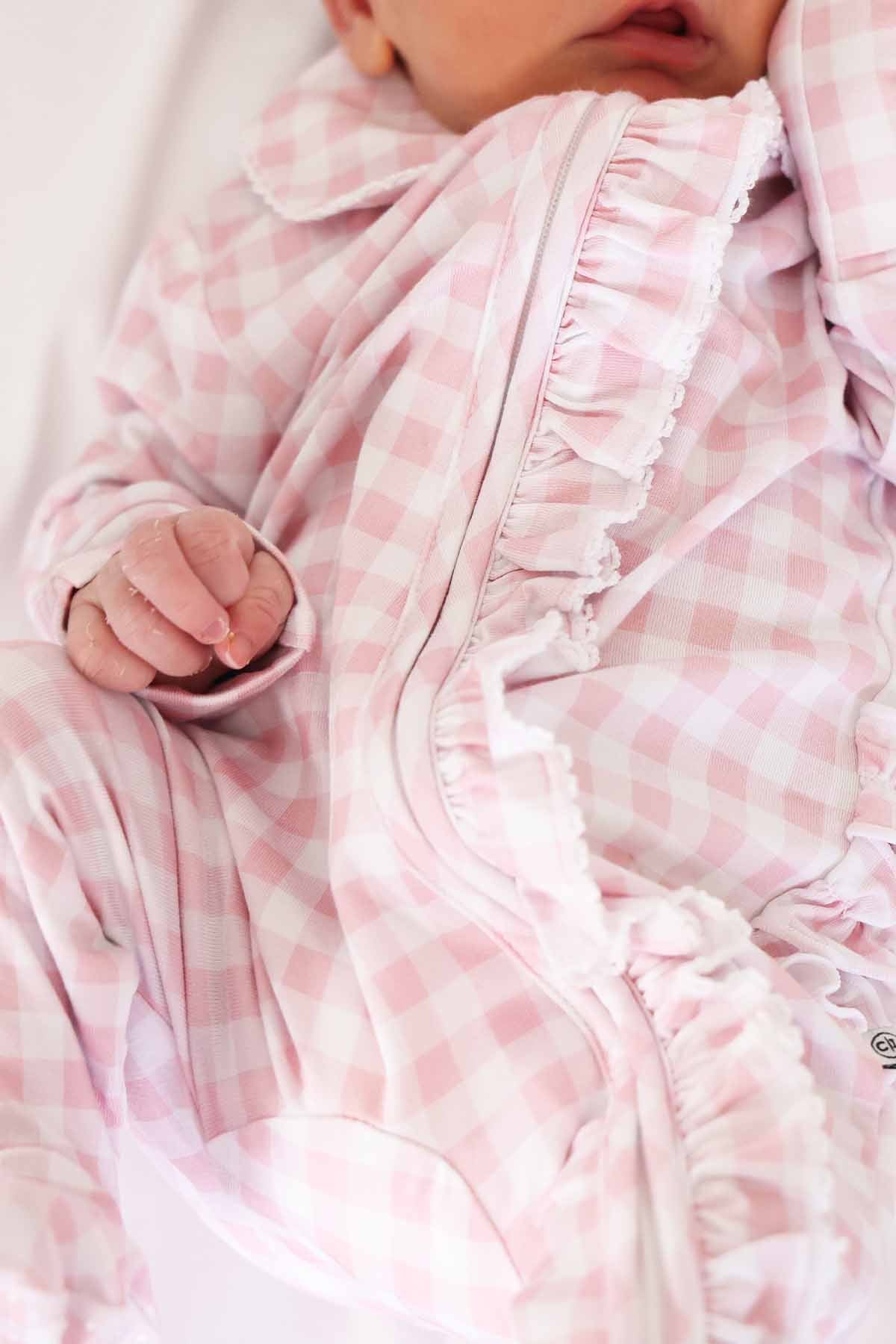 Peter Pan Collar Ruffle Zipper Footie | Rosy Gingham - Image 9