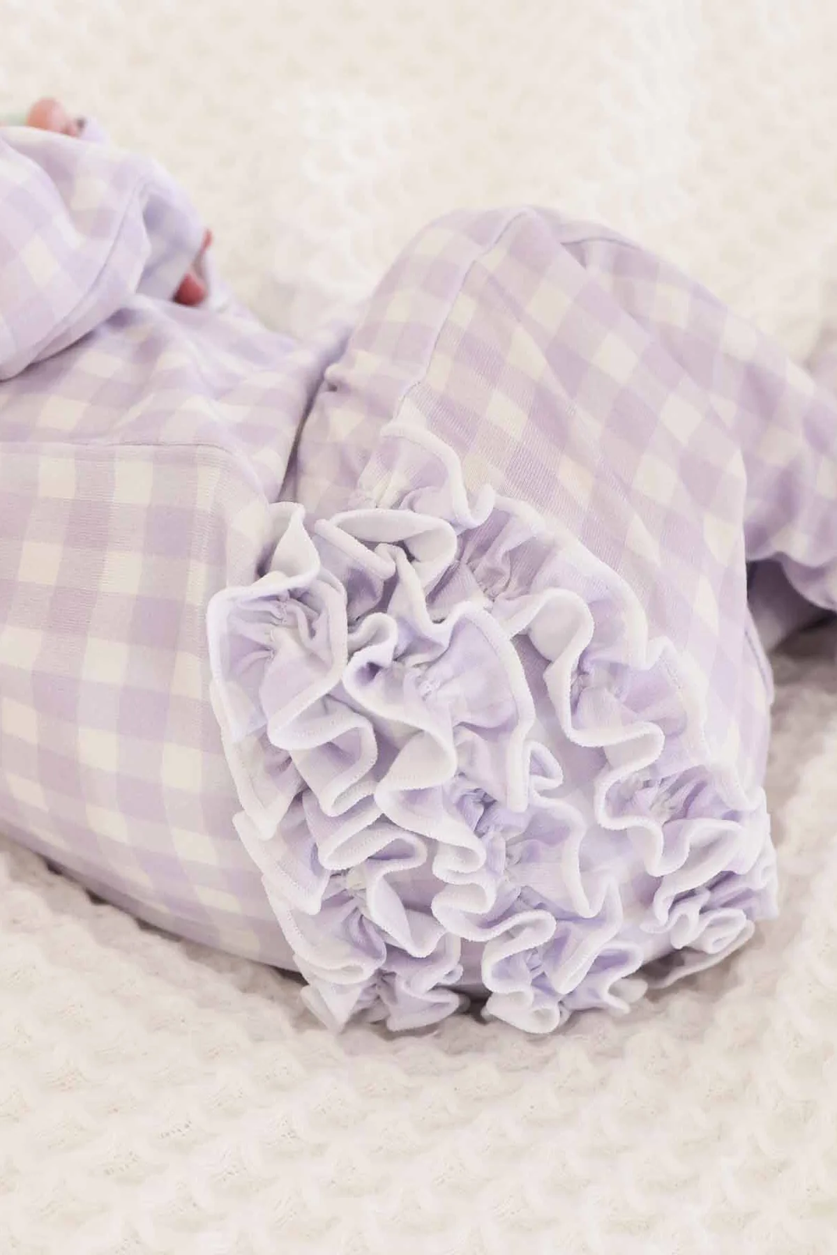 Peter Pan Collar Ruffle Zipper Footie | Lilac Gingham - Image 14