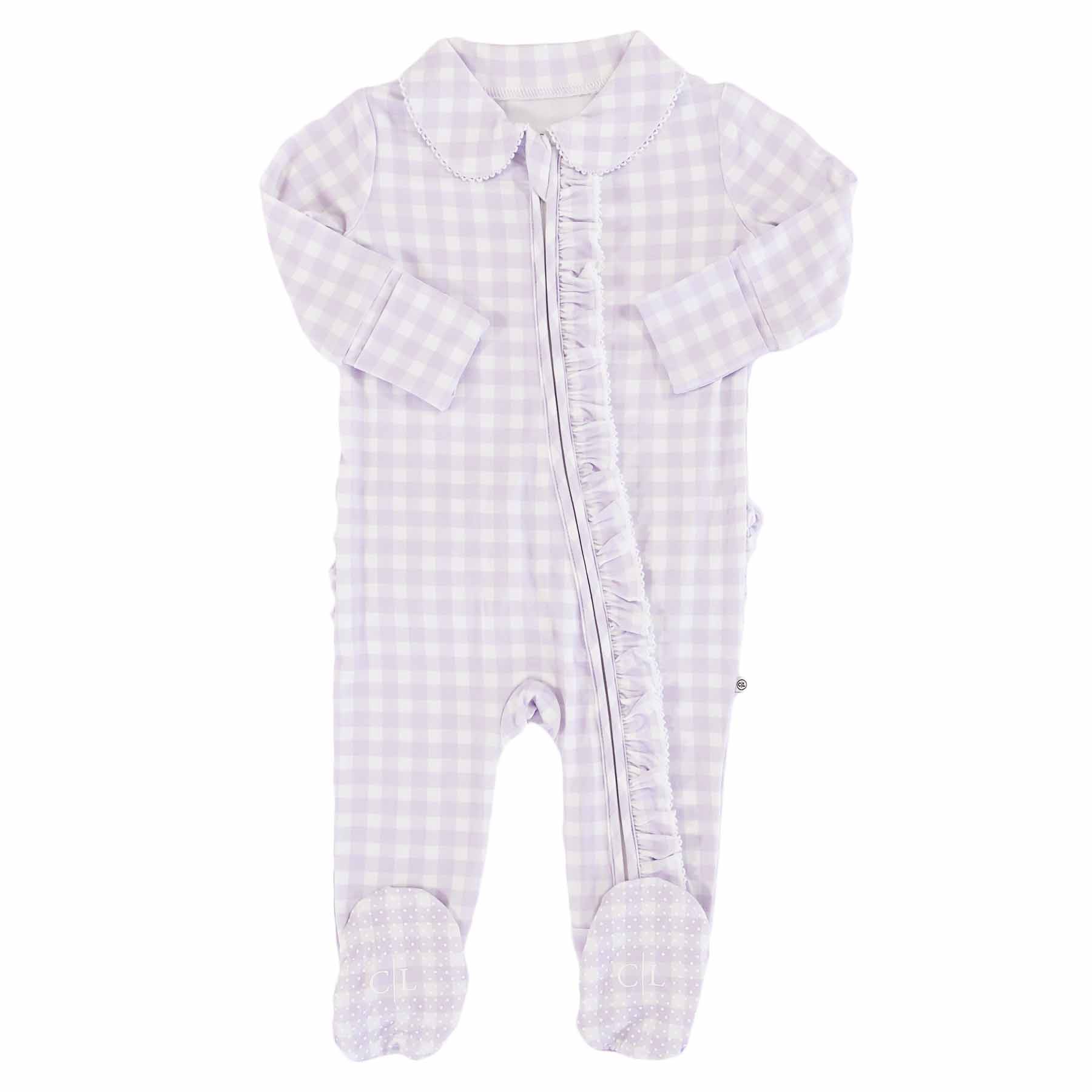 Peter Pan Collar Ruffle Zipper Footie | Lilac Gingham - Image 3