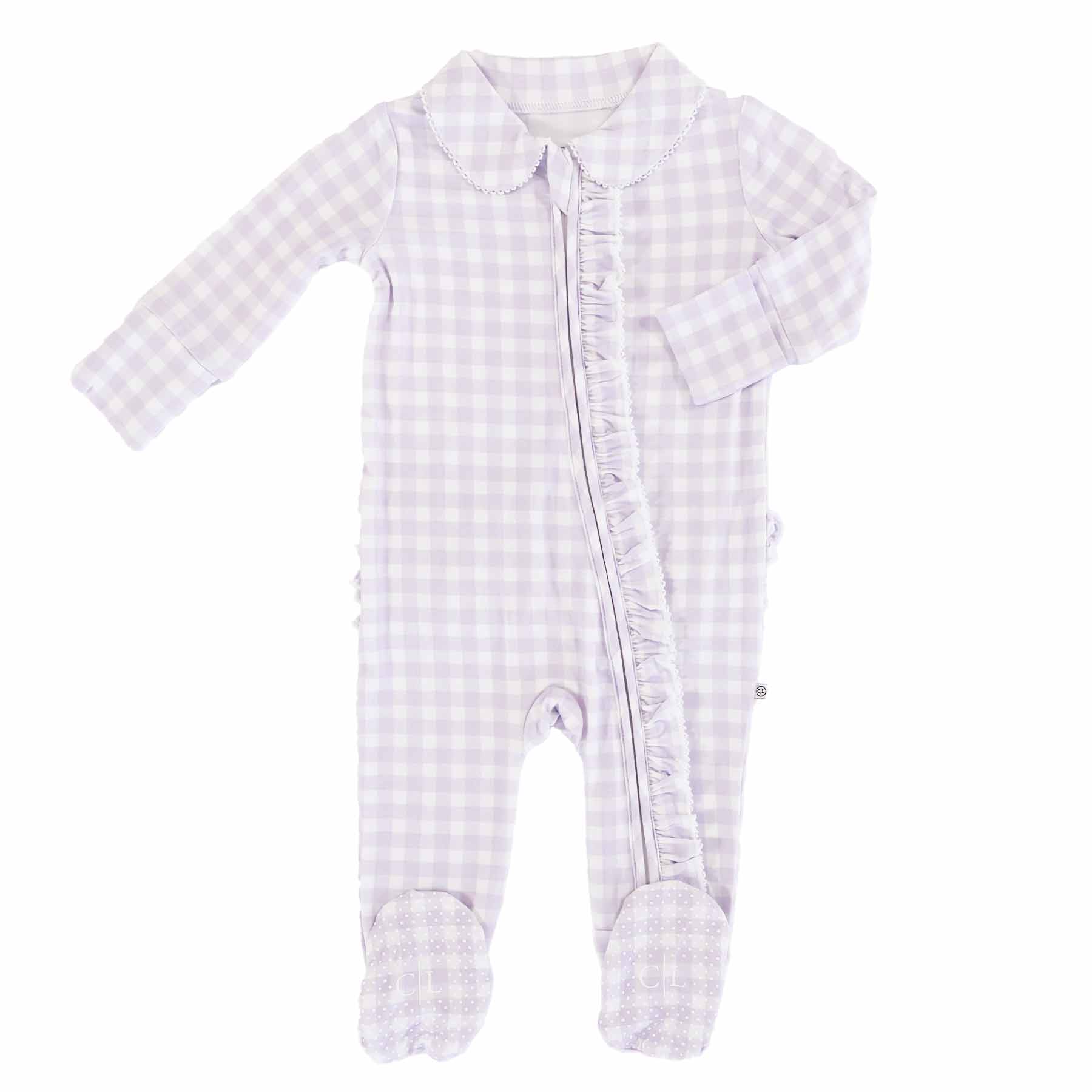 Peter Pan Collar Ruffle Zipper Footie | Lilac Gingham - Image 5