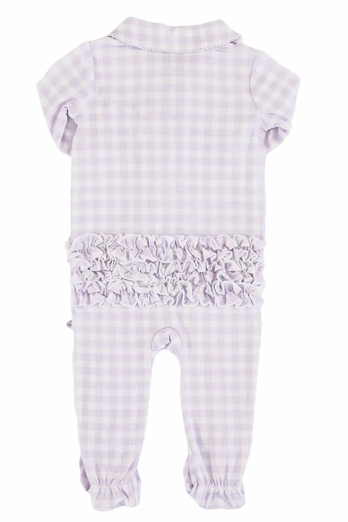 Peter Pan Collar Ruffle Zipper Footie | Lilac Gingham - Image 7
