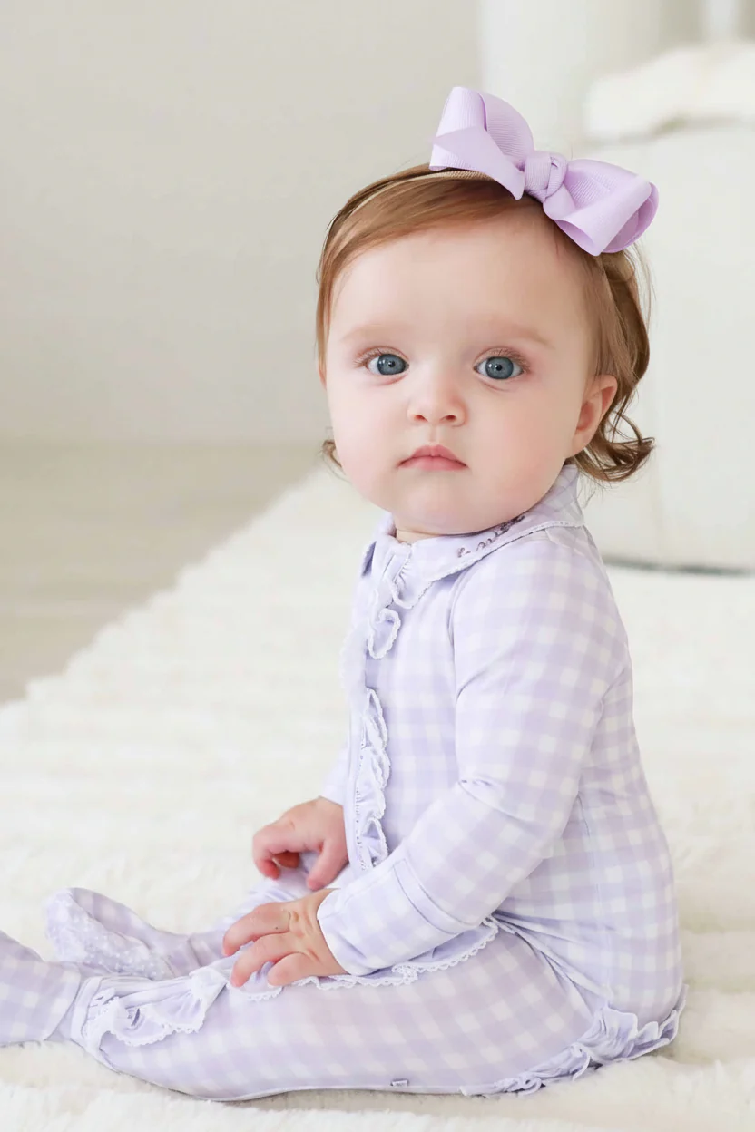 Peter Pan Collar Ruffle Zipper Footie | Lilac Gingham - Image 8