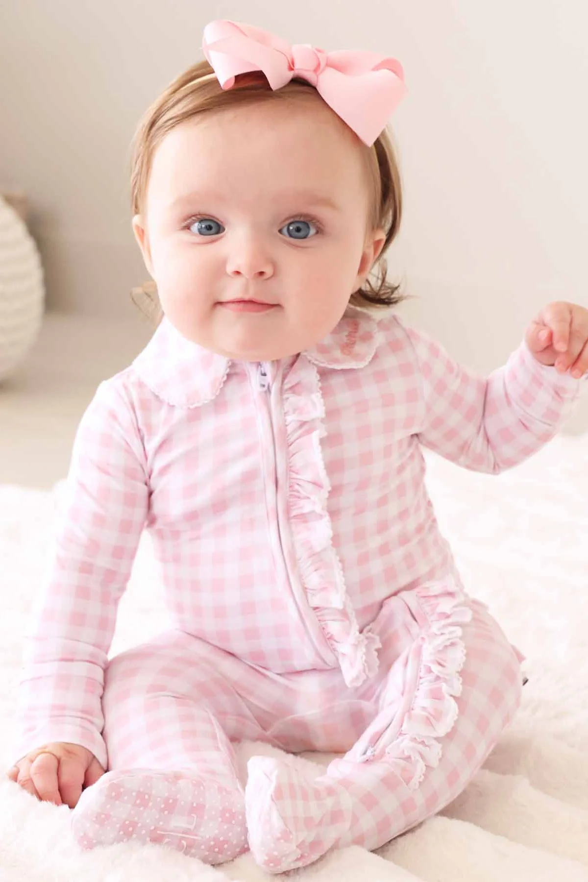 Peter Pan Collar Ruffle Zipper Footie | Rosy Gingham - Image 12