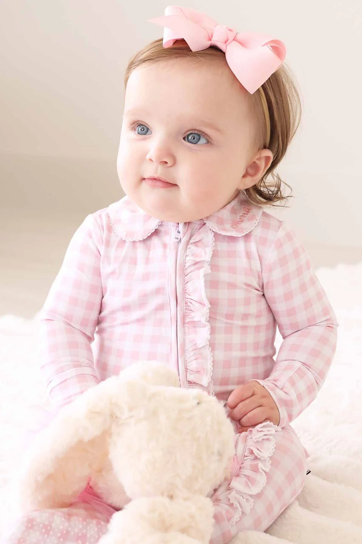 Peter Pan Collar Ruffle Zipper Footie | Rosy Gingham - Image 21