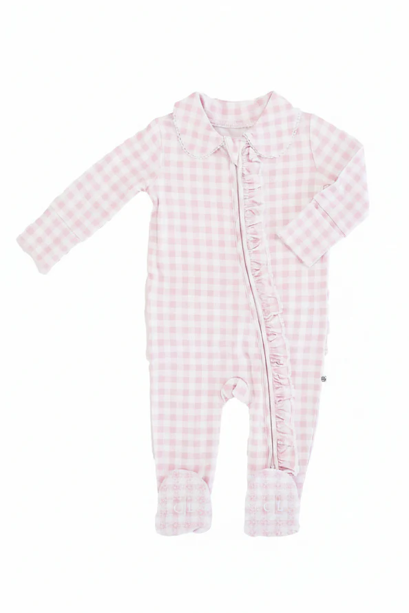 Peter Pan Collar Ruffle Zipper Footie | Rosy Gingham - Image 3