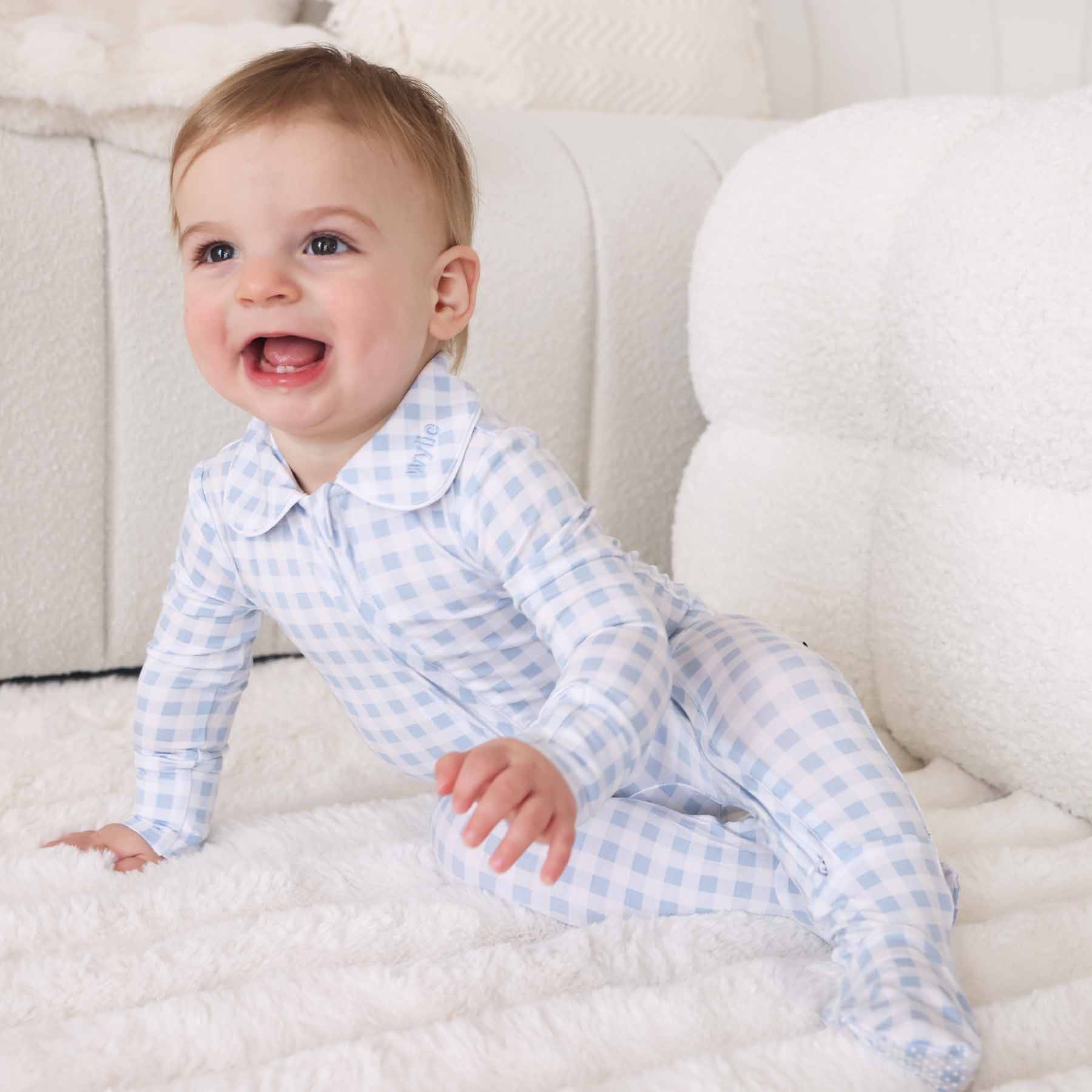 Peter Pan Collar Zipper Footie | Dusty Blue Gingham - Image 15