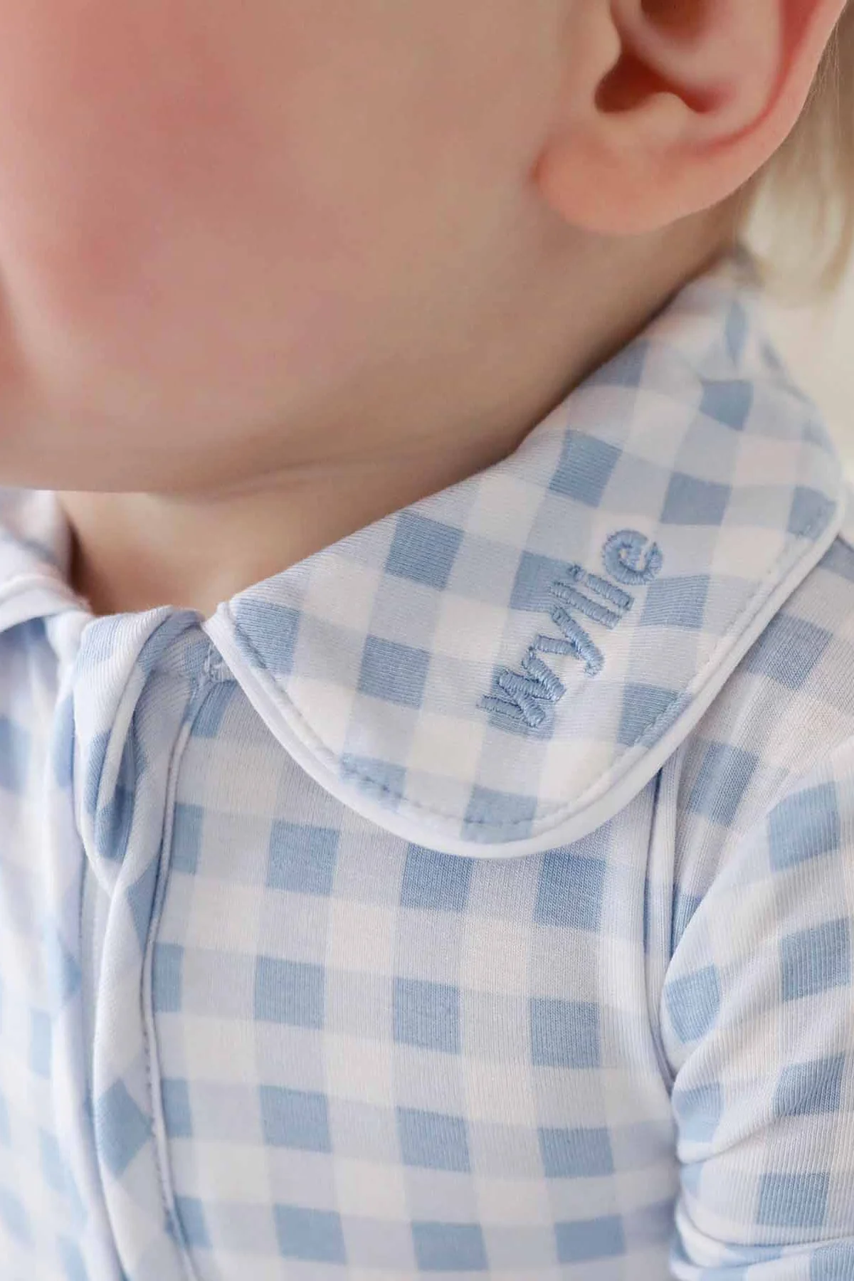 Peter Pan Collar Zipper Footie | Dusty Blue Gingham - Image 5