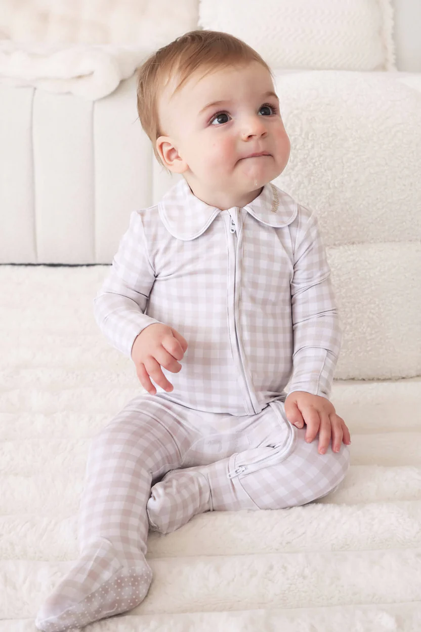 Peter Pan Collar Zipper Footie | Taupe Gingham
