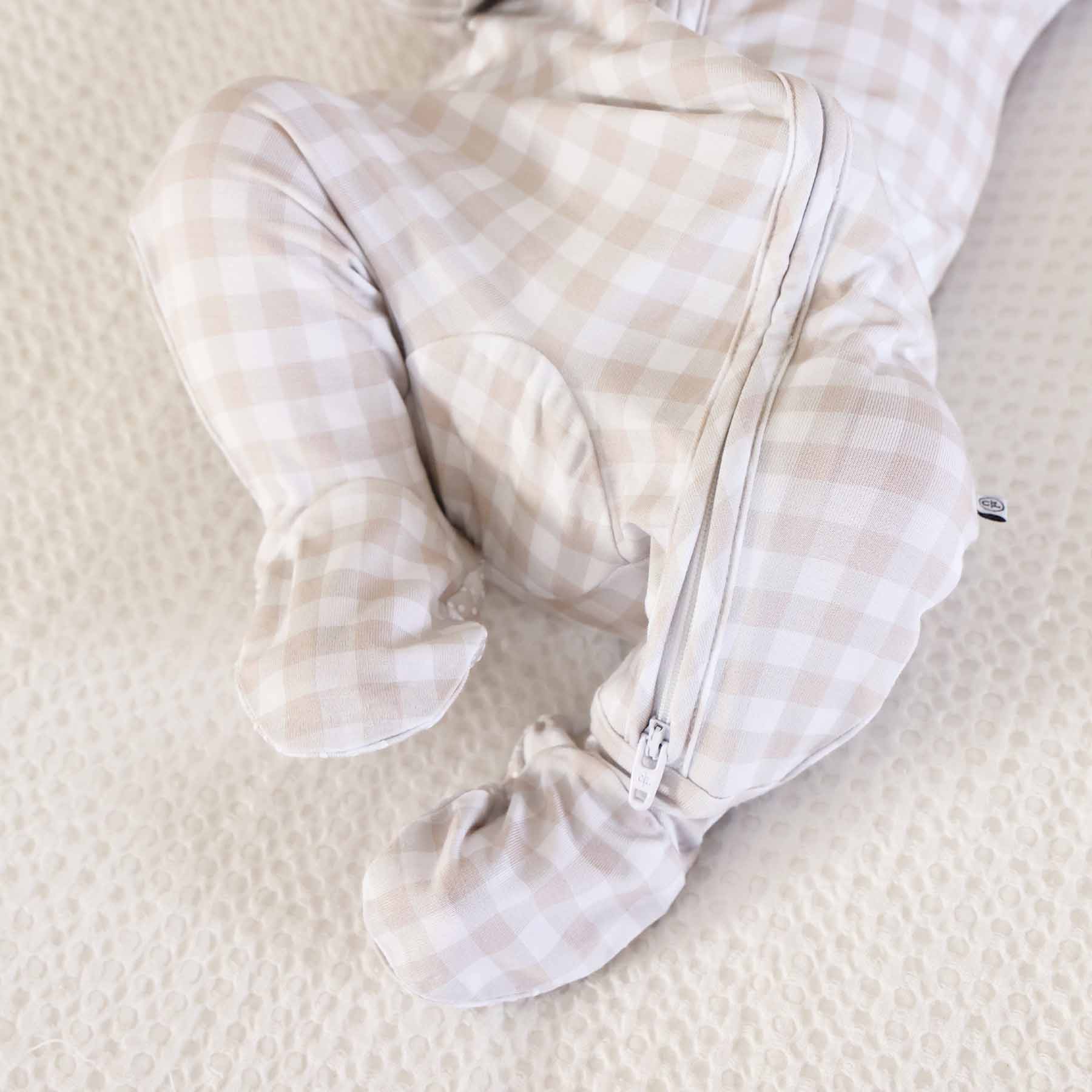 Peter Pan Collar Zipper Footie | Taupe Gingham - Image 11