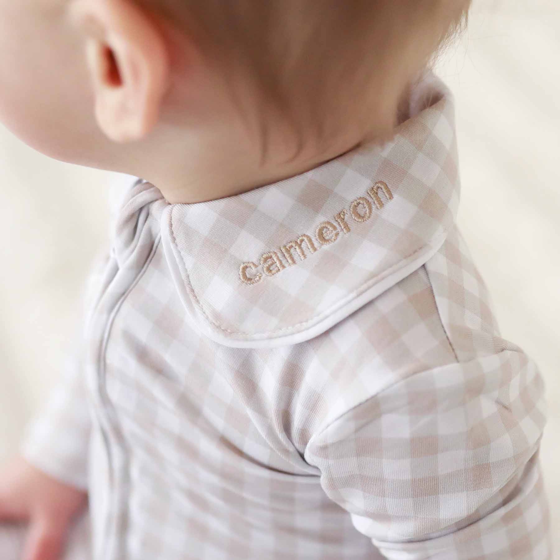 Peter Pan Collar Zipper Footie | Taupe Gingham - Image 12