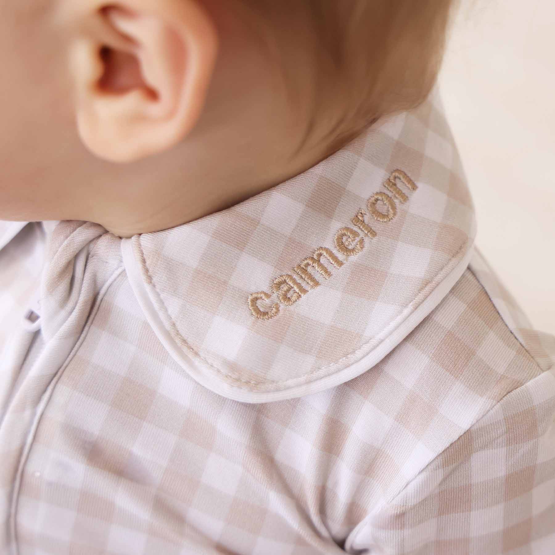 Peter Pan Collar Zipper Footie | Taupe Gingham - Image 19