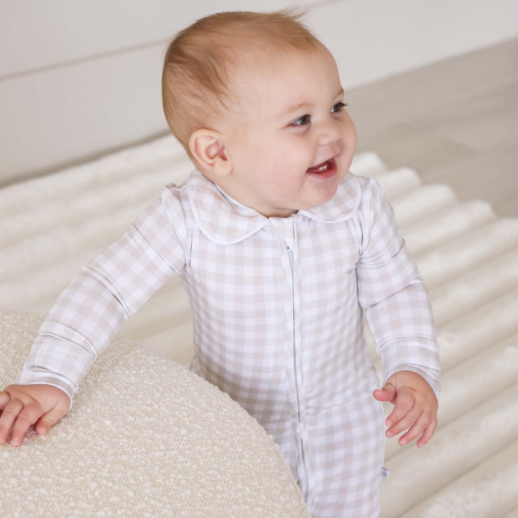 Peter Pan Collar Zipper Footie | Taupe Gingham - Image 6