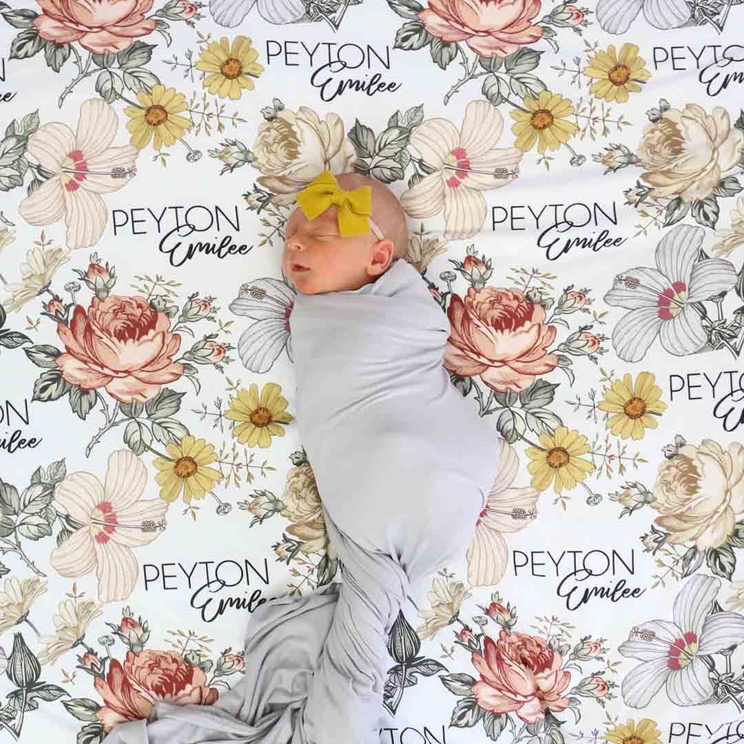 Peyton's Vintage Floral Personalized Baby Name Swaddle Blanket - Image 4