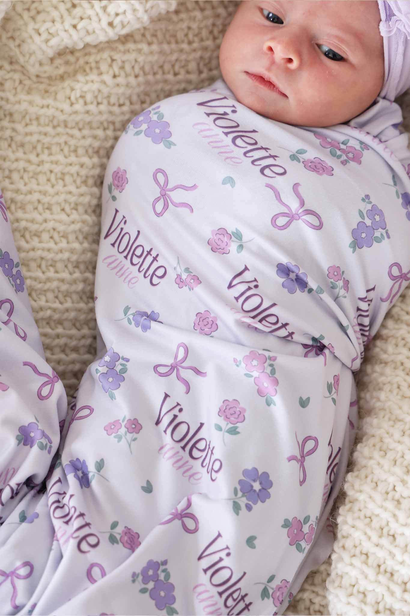 Ribbon & Roses Personalized Swaddle Blanket | Purple - Image 3