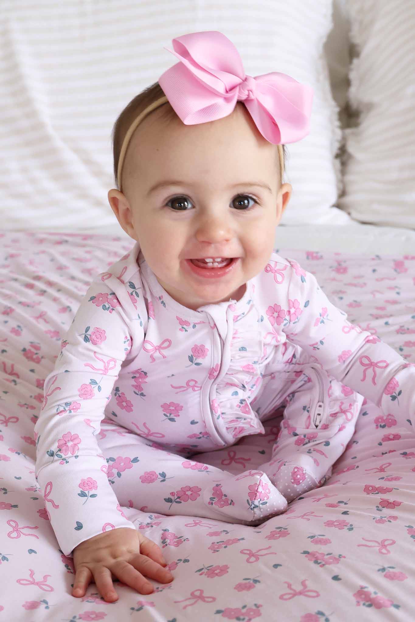 Ribbon & Roses Ruffle Zipper Footie | Pink - Image 10