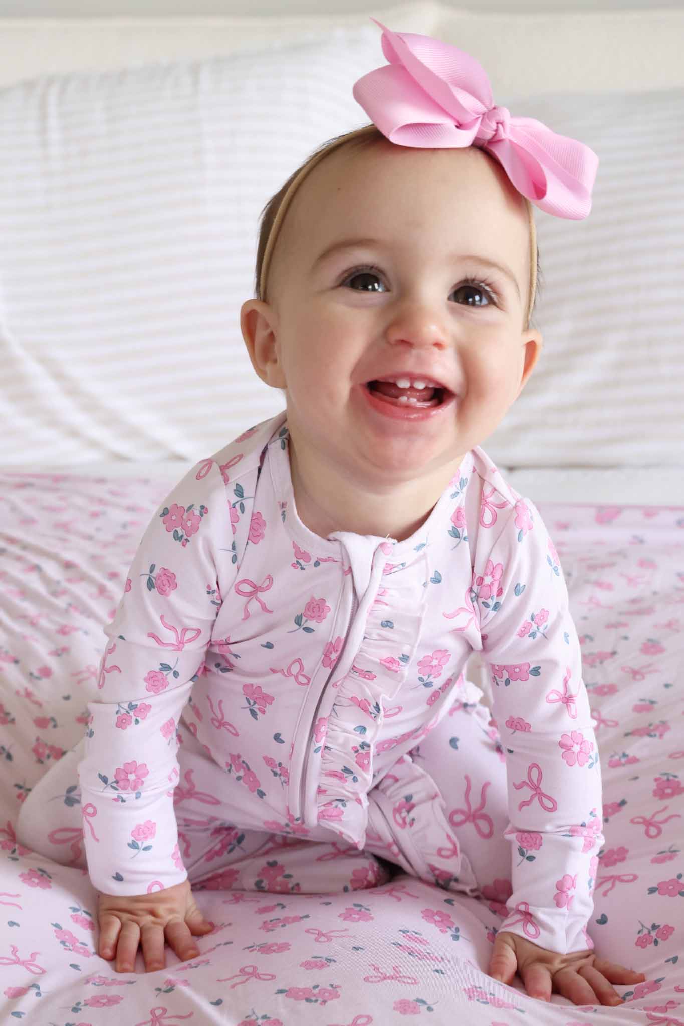 Ribbon & Roses Ruffle Zipper Footie | Pink - Image 12