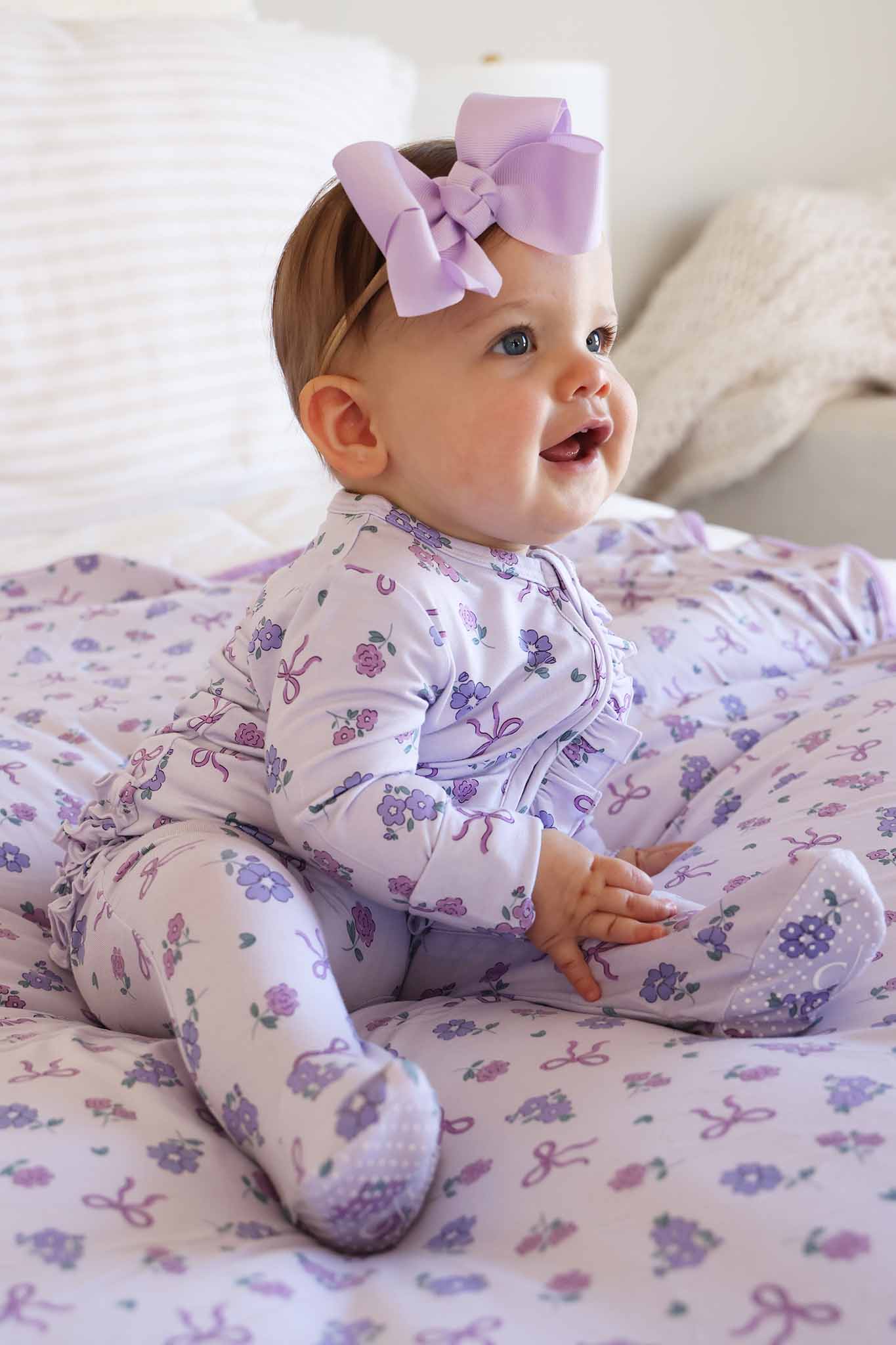 Ribbon & Roses Ruffle Zipper Footie | Purple - Image 14