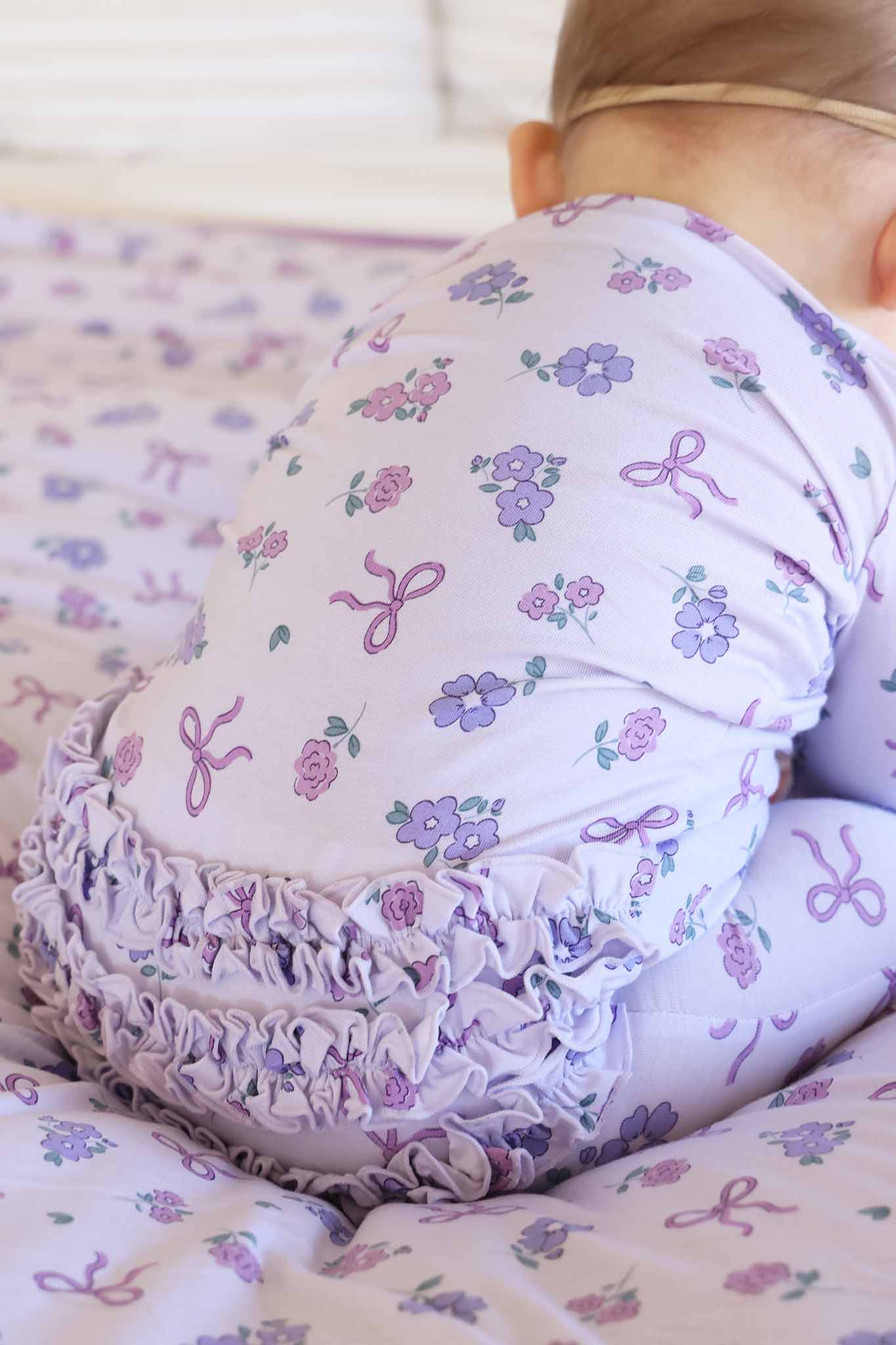 Ribbon & Roses Ruffle Zipper Footie | Purple - Image 15