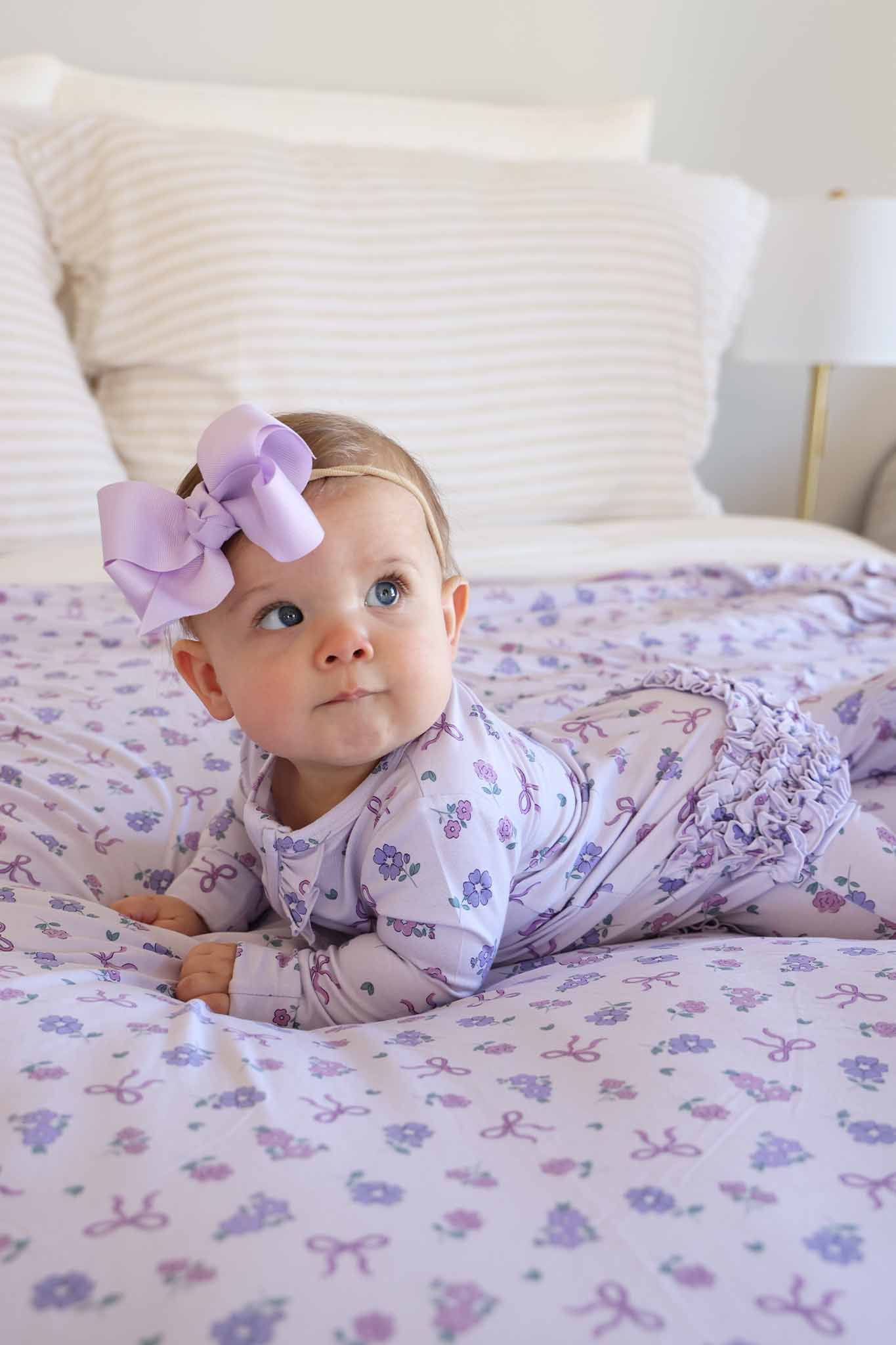 Ribbon & Roses Ruffle Zipper Footie | Purple - Image 5