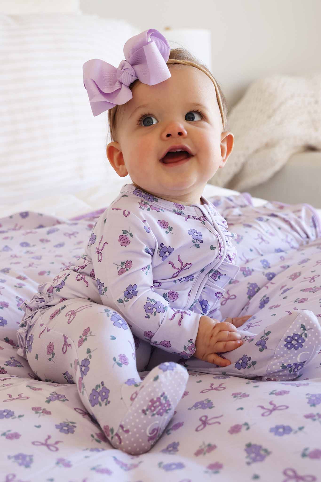 Ribbon & Roses Ruffle Zipper Footie | Purple - Image 8