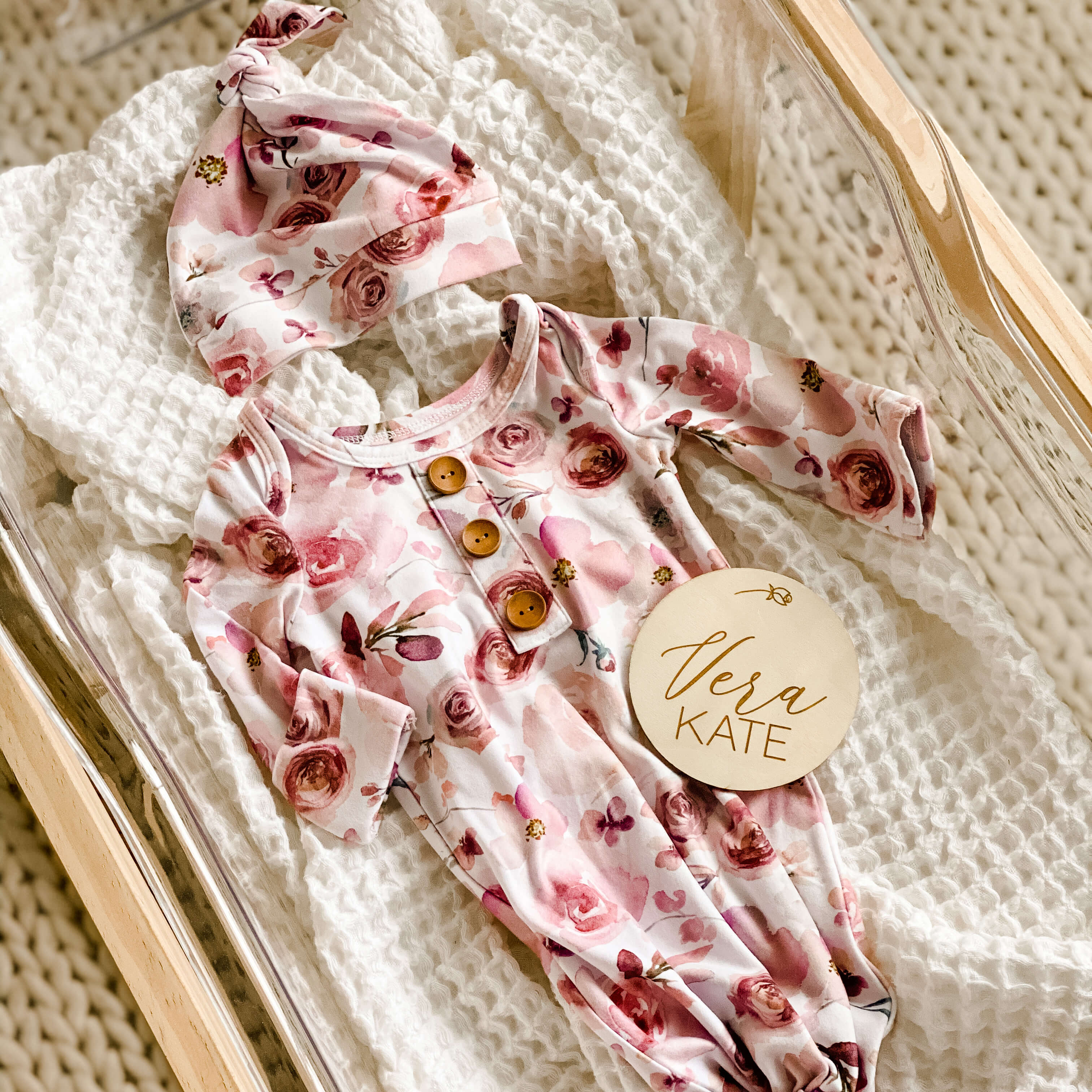Rosie's Rose Garden Newborn Baby Knot Gown & Hat Set - Image 4