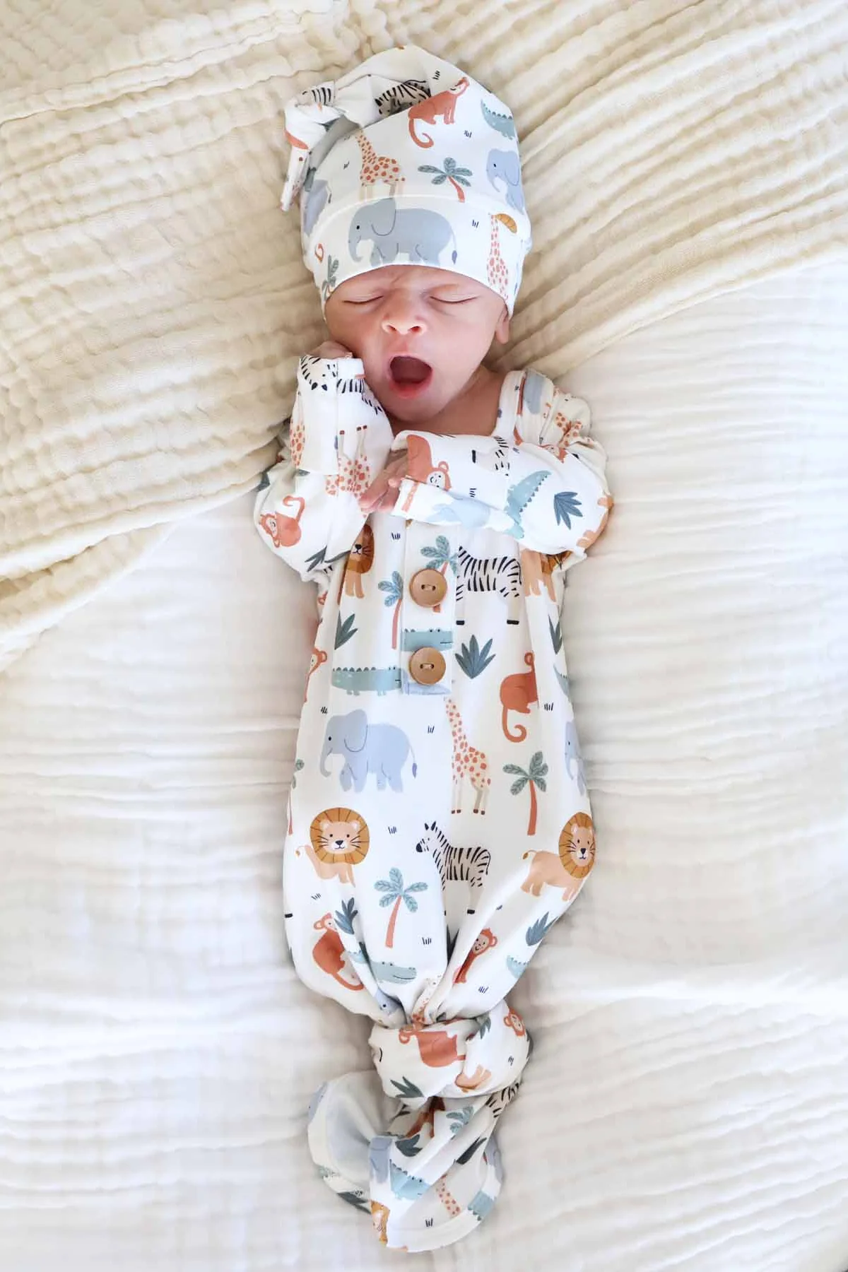 Safari Snuggles Newborn Baby Knot Gown & Hat Set