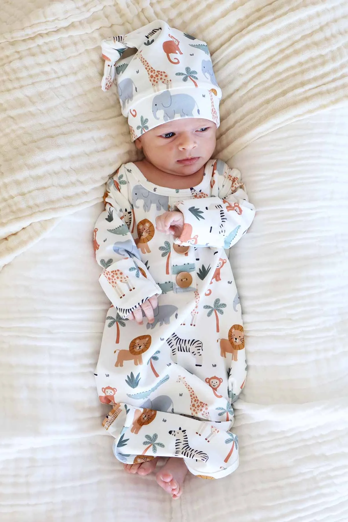 Safari Snuggles Newborn Baby Knot Gown & Hat Set - Image 4