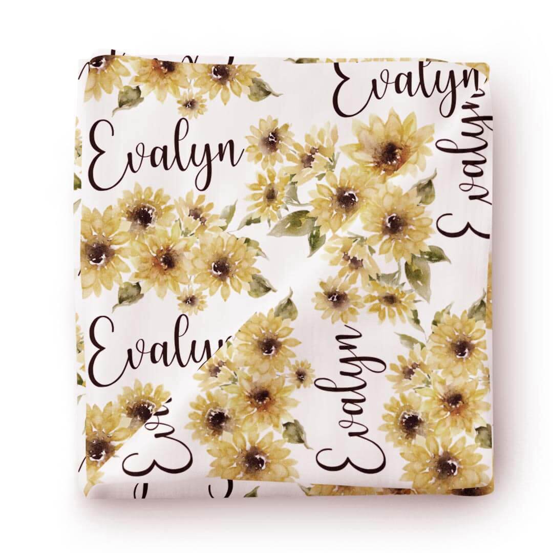 Savannah's Sunflowers Personalized Baby Name Swaddle Blanket - Image 2