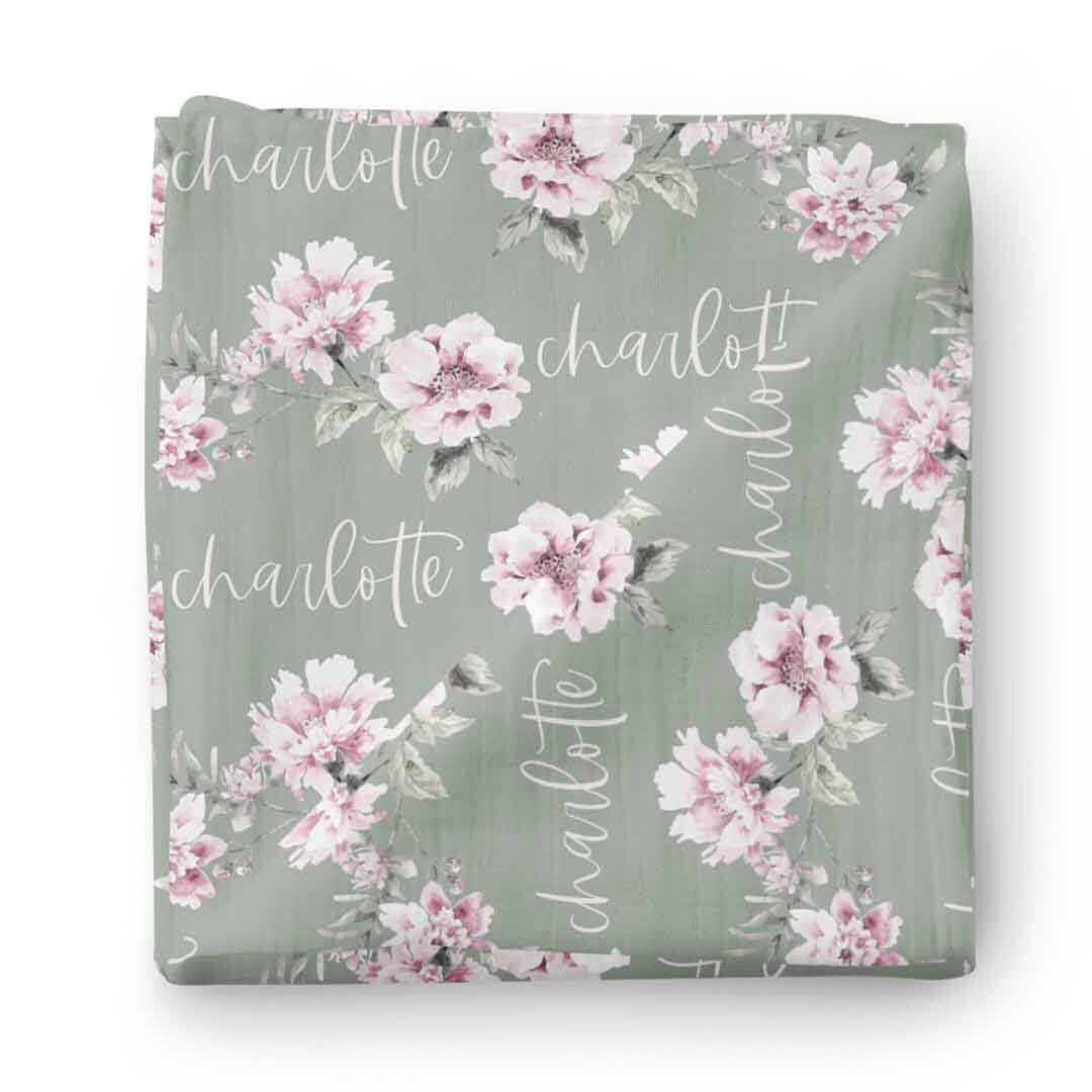 Saylor's Sage & Blush Floral Personalized Baby Name Swaddle - Image 2