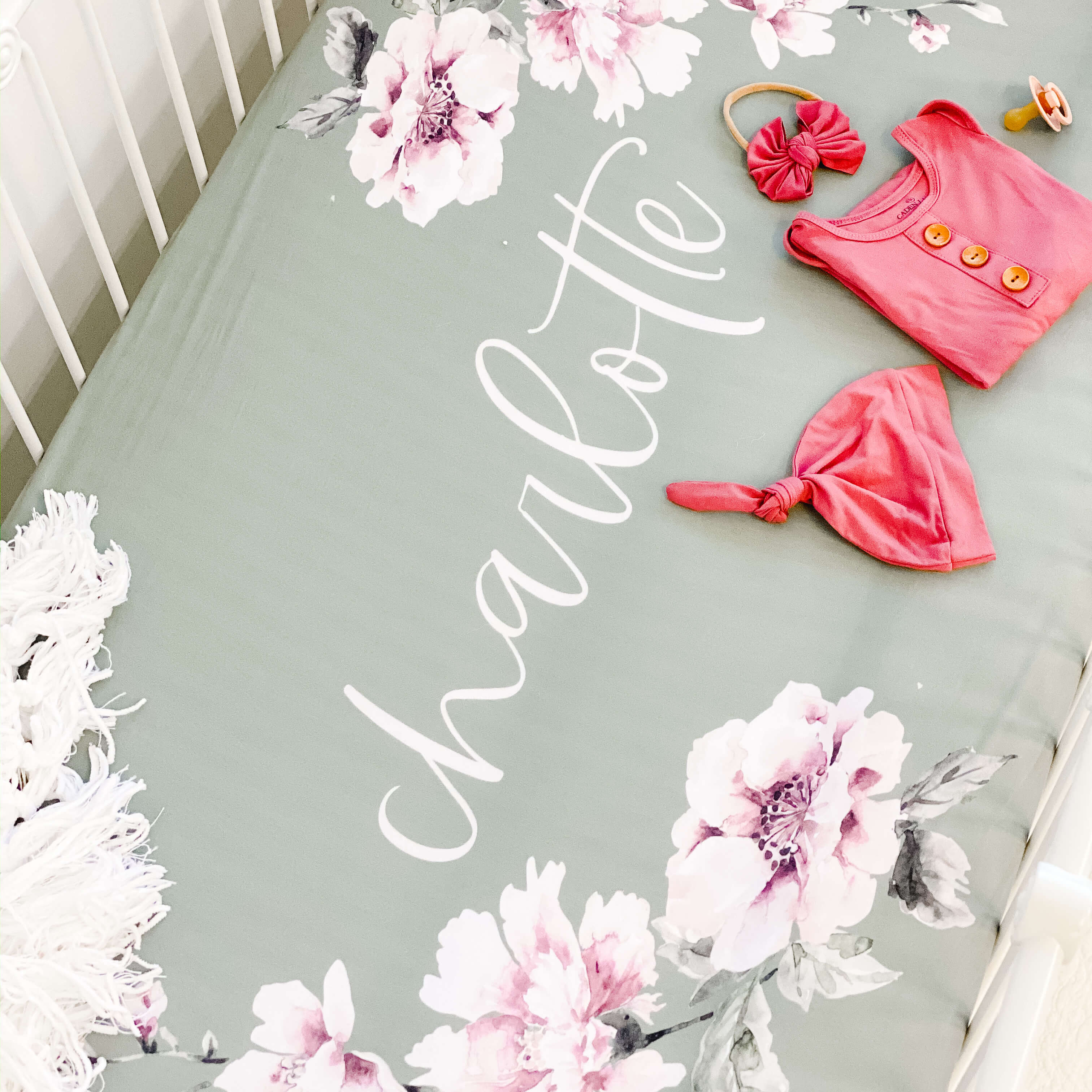 Saylor's Sage & Blush Floral Personalized Crib Sheet - Image 2
