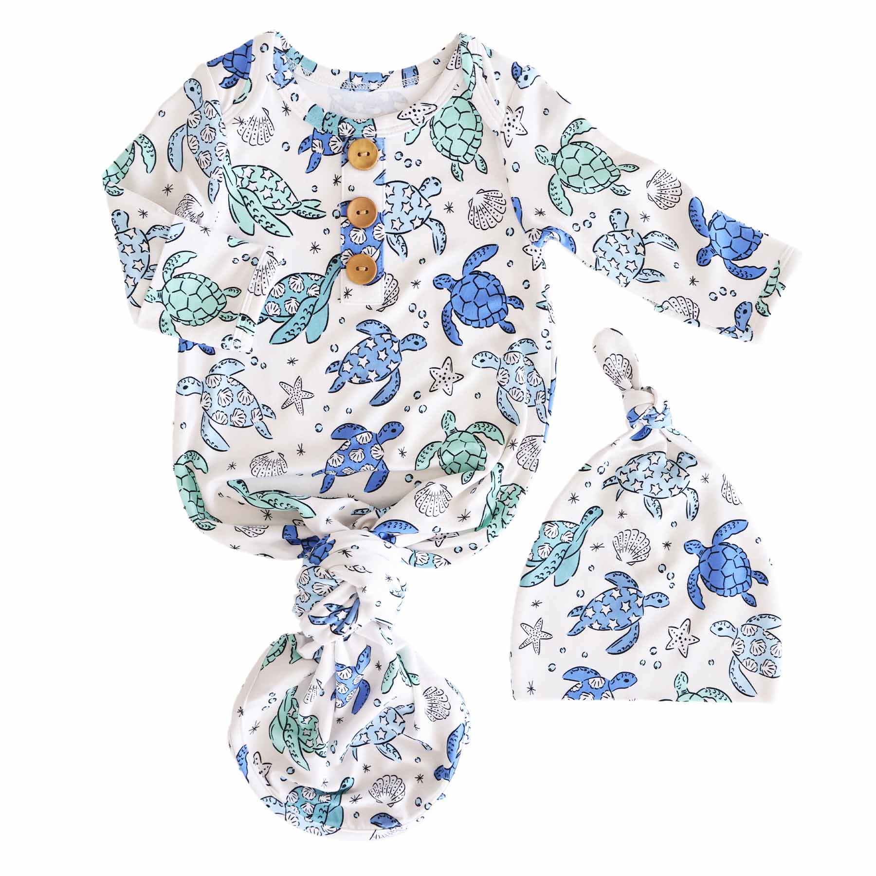 Sea Turtle Splash Newborn Baby Knot Gown & Hat Set - Image 2
