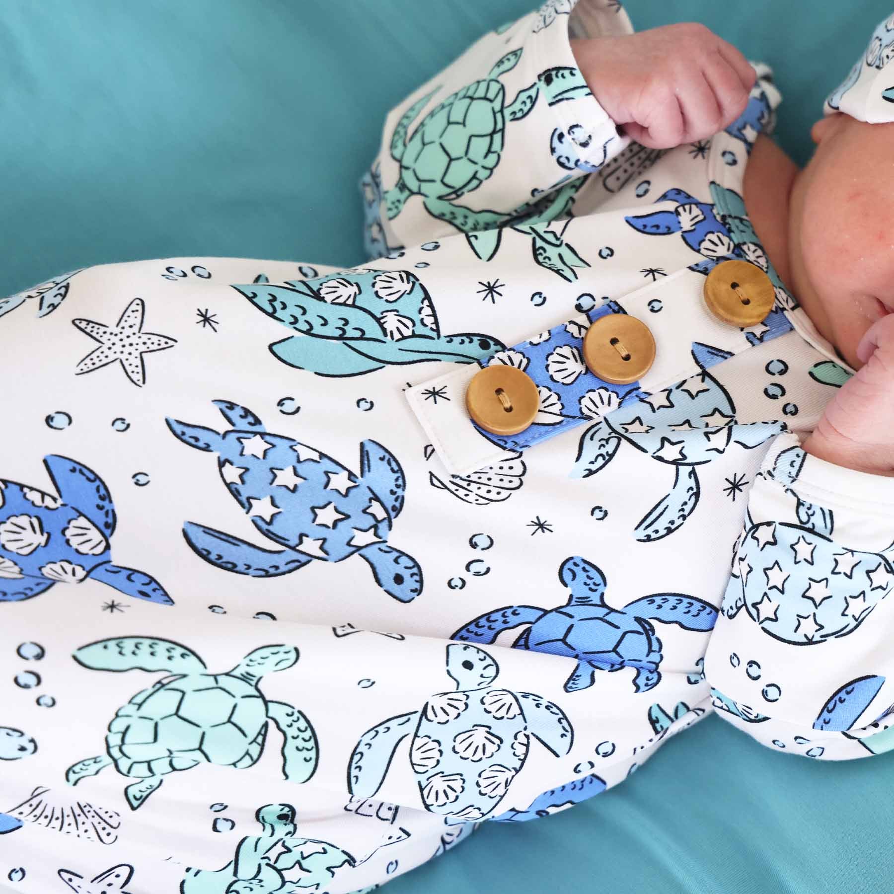 Sea Turtle Splash Newborn Baby Knot Gown & Hat Set - Image 3