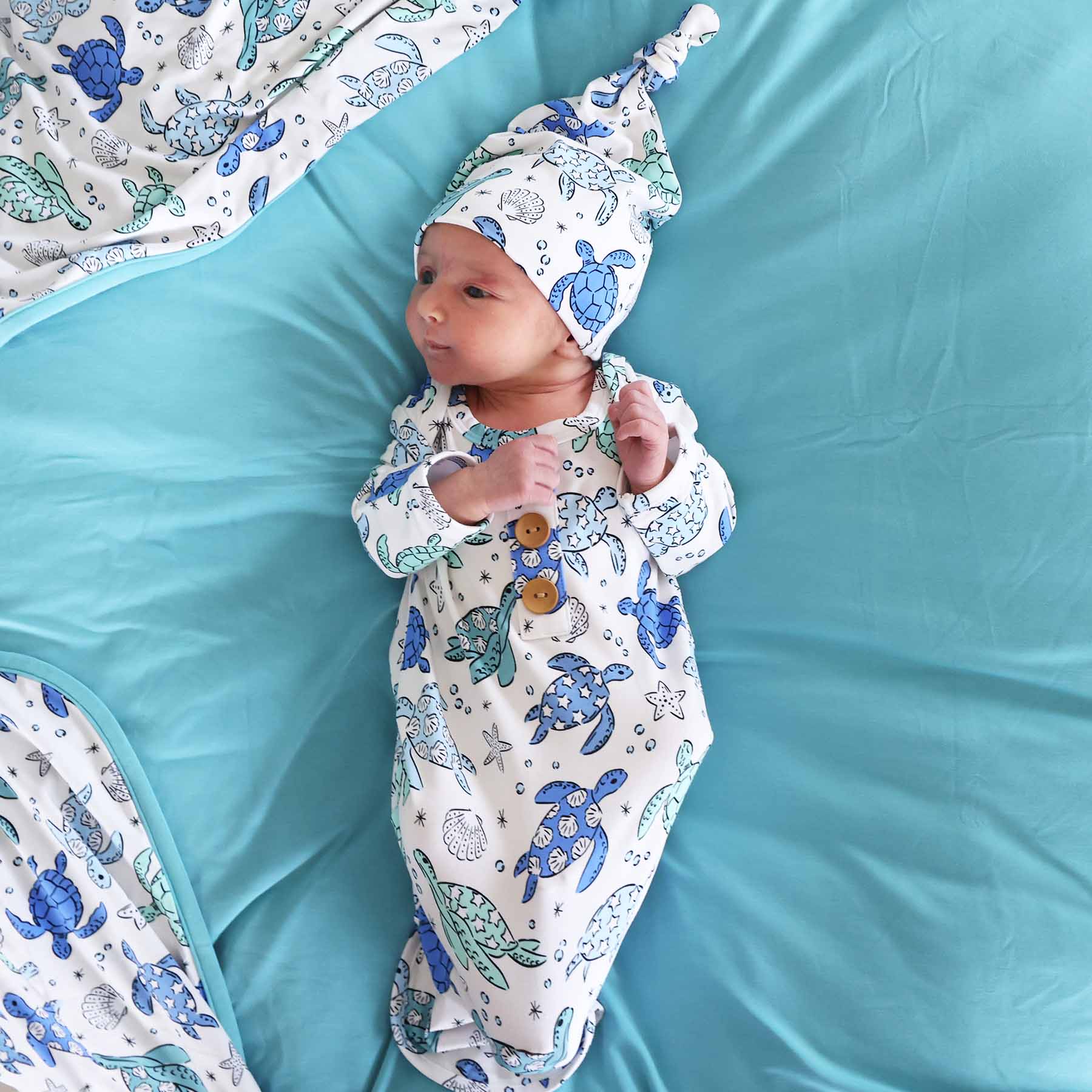 Sea Turtle Splash Newborn Baby Knot Gown & Hat Set - Image 4