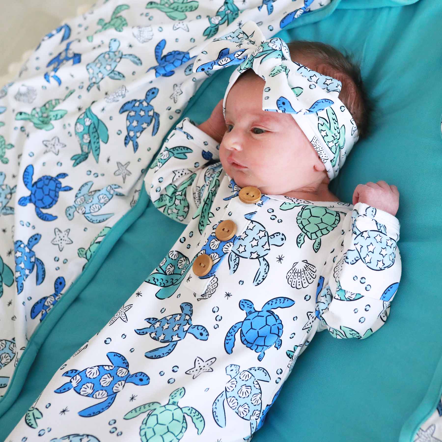 Sea Turtle Splash Newborn Baby Knot Gown & Hat Set - Image 5